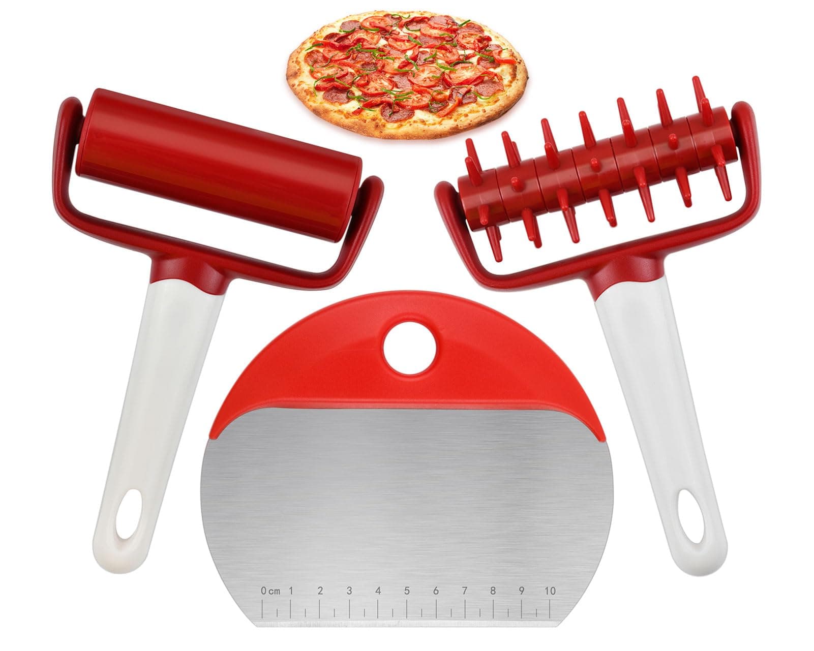 Pizza Making Kit, Tool Set of 3 with Pastry Roller, Dough Poker and Dough Cutter for Homemade Pizza, Pie, Pastry