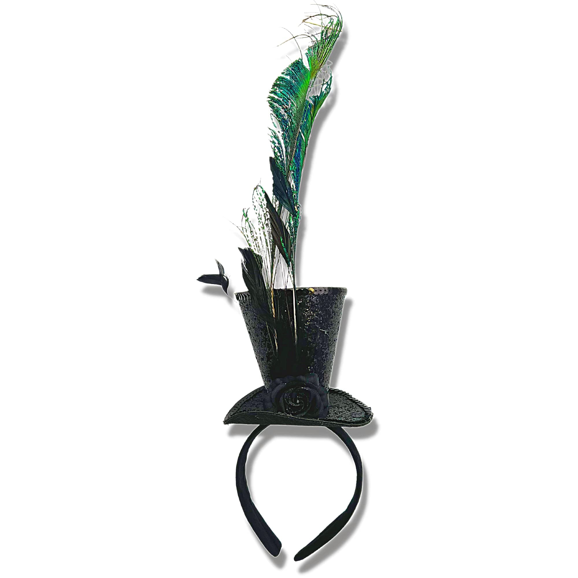 Black Sequins Steampunk Top Hat with Feathers Headband Costume Accessory