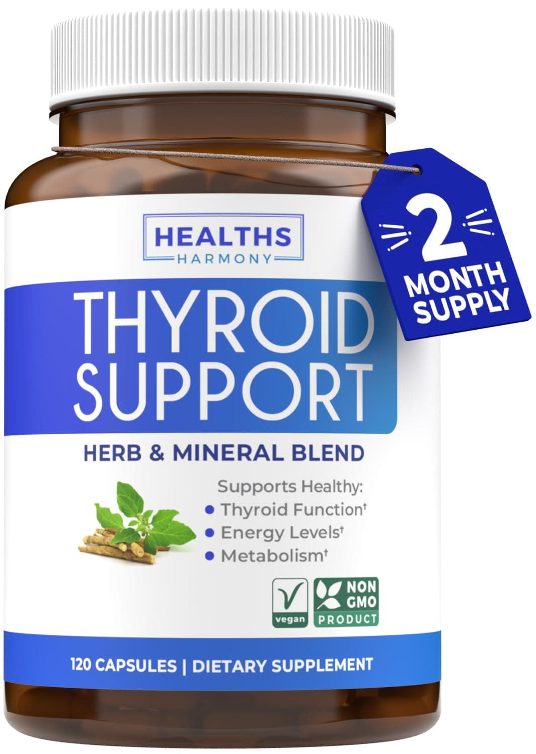 Thyroid Support with Iodine - 120 Capsules (Non-GMO) Improve Your Energy - Ashwagandha Root, Zinc, Selenium, Vitamin B12 Complex - Thyroid Health Supplement for Women and for Men - 60 Day Supply