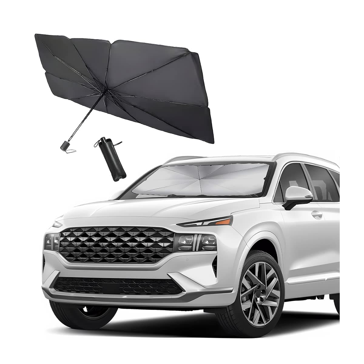 Moly Magnolia Windshield Sunshade Umbrella, Car Front Window Visor Blocks UV Rays, Folding Heat Protection Auto Sun Shield Cover, Windscreen Shade Universal for Most Sedans, Truck, SUV (53" x31”)