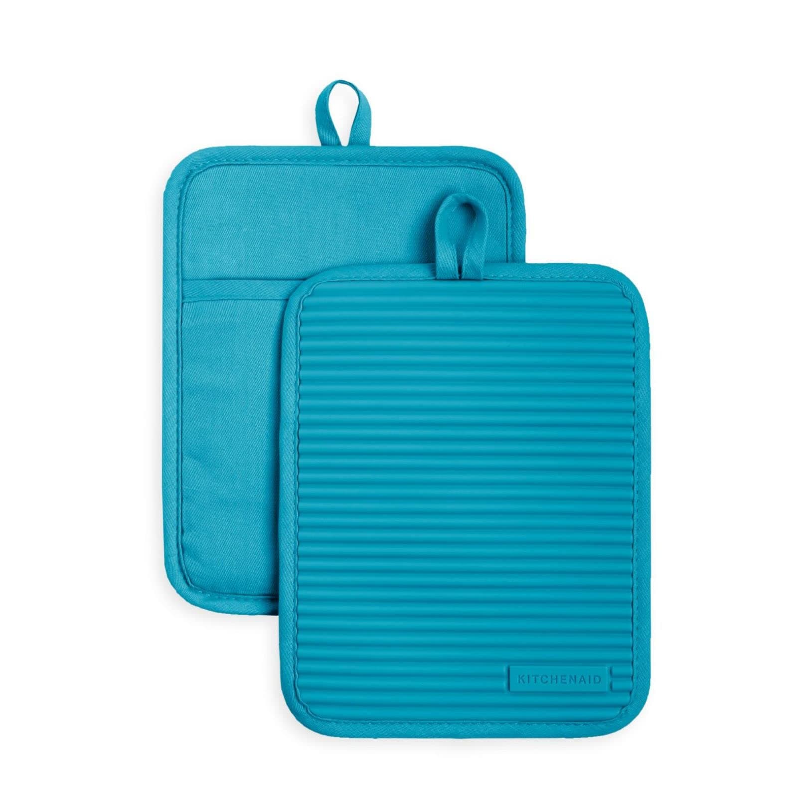 Ribbed Soft Silicone Pot Holder 2-Pack Set, Ocean Drive Blue, 7"x9"