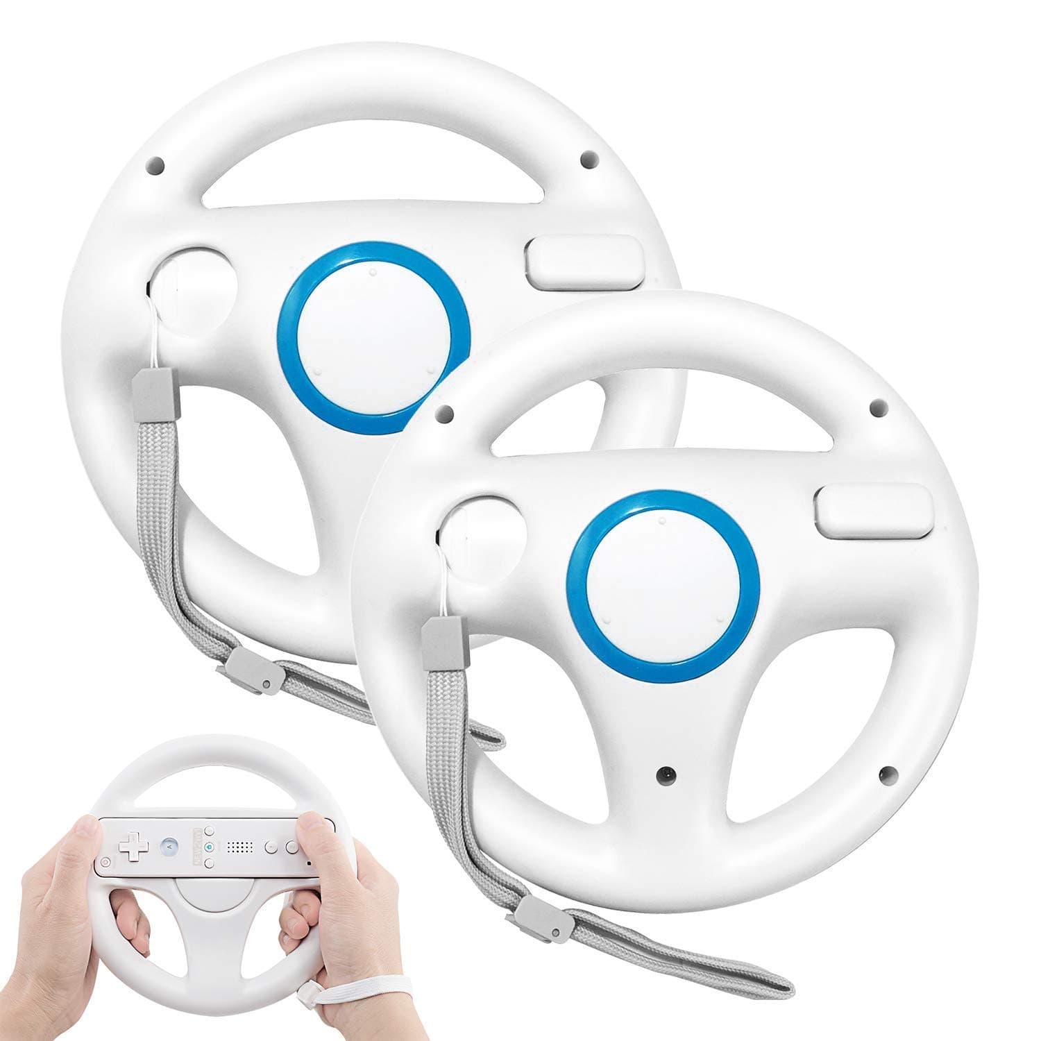 PowerLeadSteering Wheel for Wii Controller, 2 pcs White Racing Wheel Compatible with Mario Kart, Game Controller wheel for Nintendo Wii Remote Game