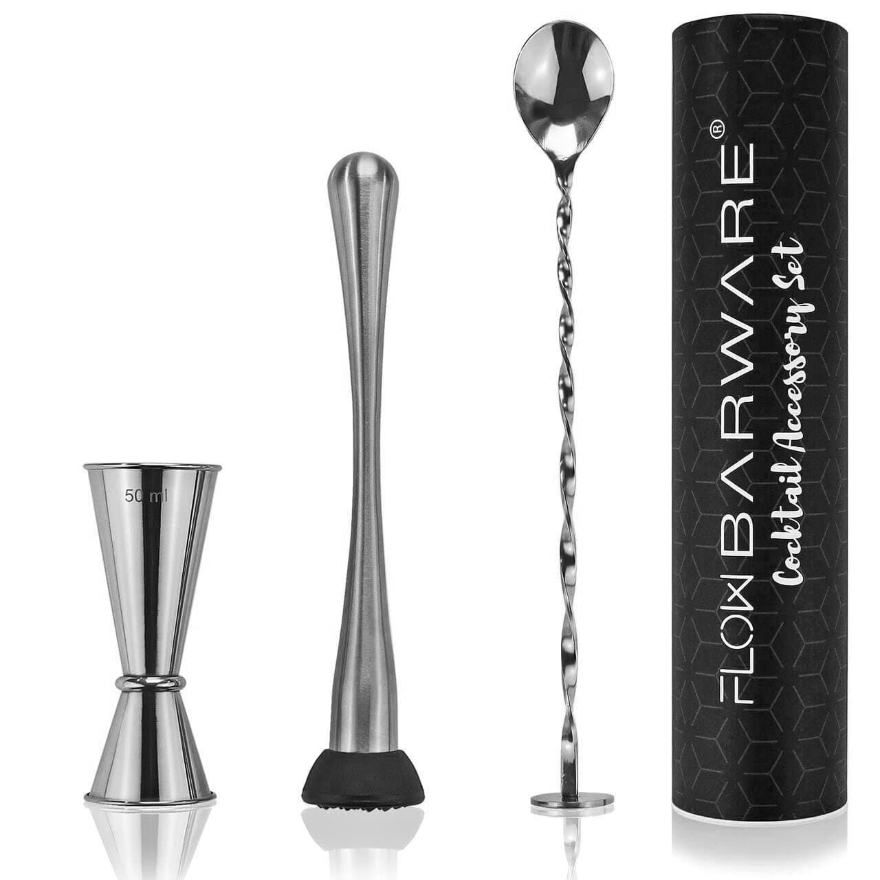 FLOW Barware Cocktail Accessories Set | Cocktail Set with Double Ended Jigger, Cocktail Mixing Spoon & Muddler | Stainless Steel Cocktail Making Set | Gifts for Birthday, Christmas | Silver