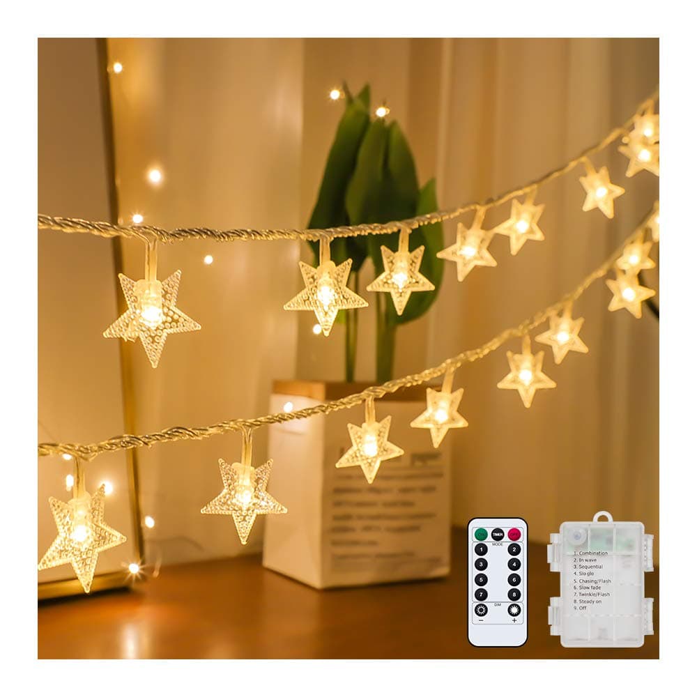 Star String Lights Battery Operated Waterproof 40 LED 20 FT Star Fairy String Lights with Remote Control for Home, Party, Christmas, Wedding, Garden Decoration, Warm White