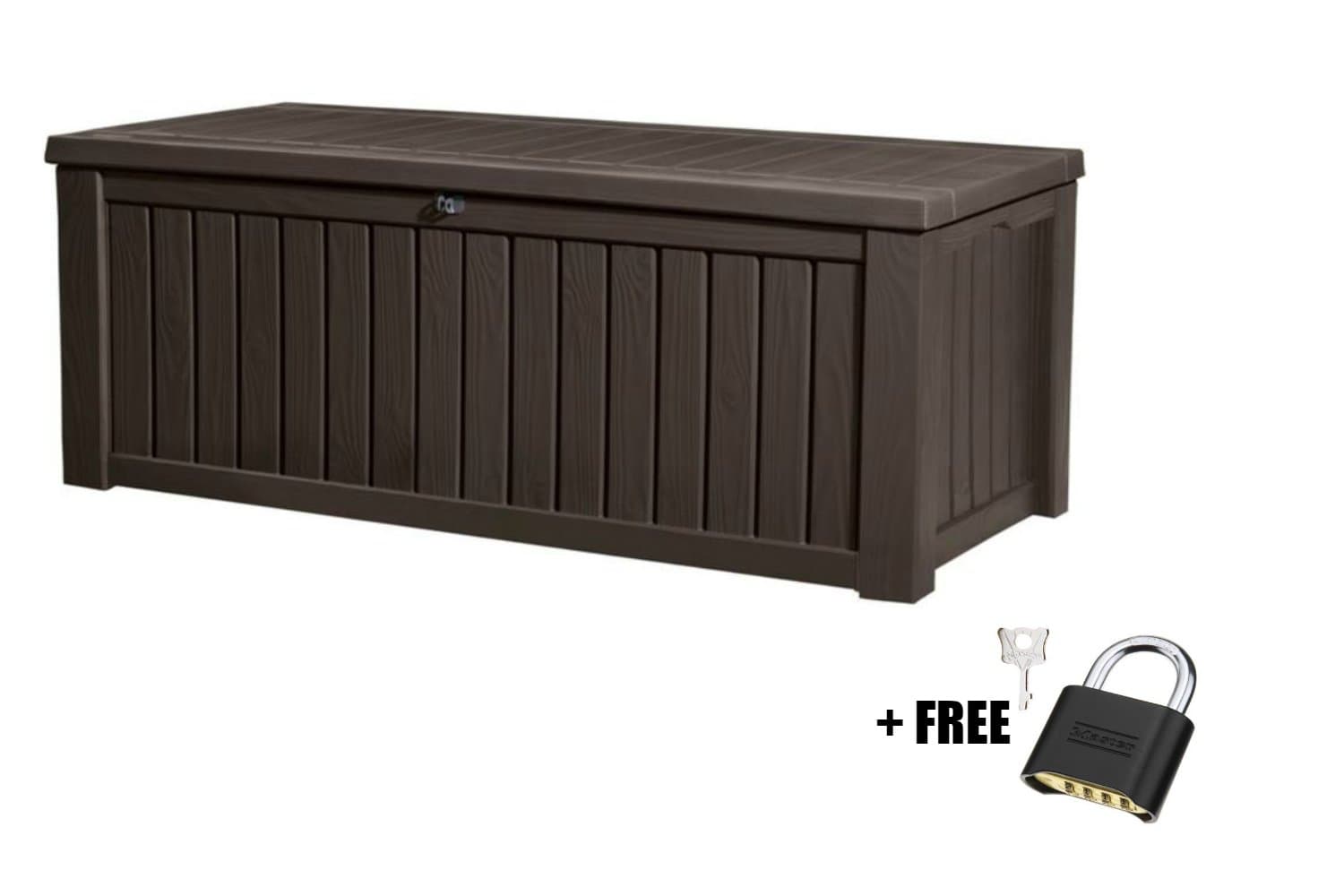 Deck Box Wood Panel Plastic 150-Gallon Brown Storage with Free Combination Keypad
