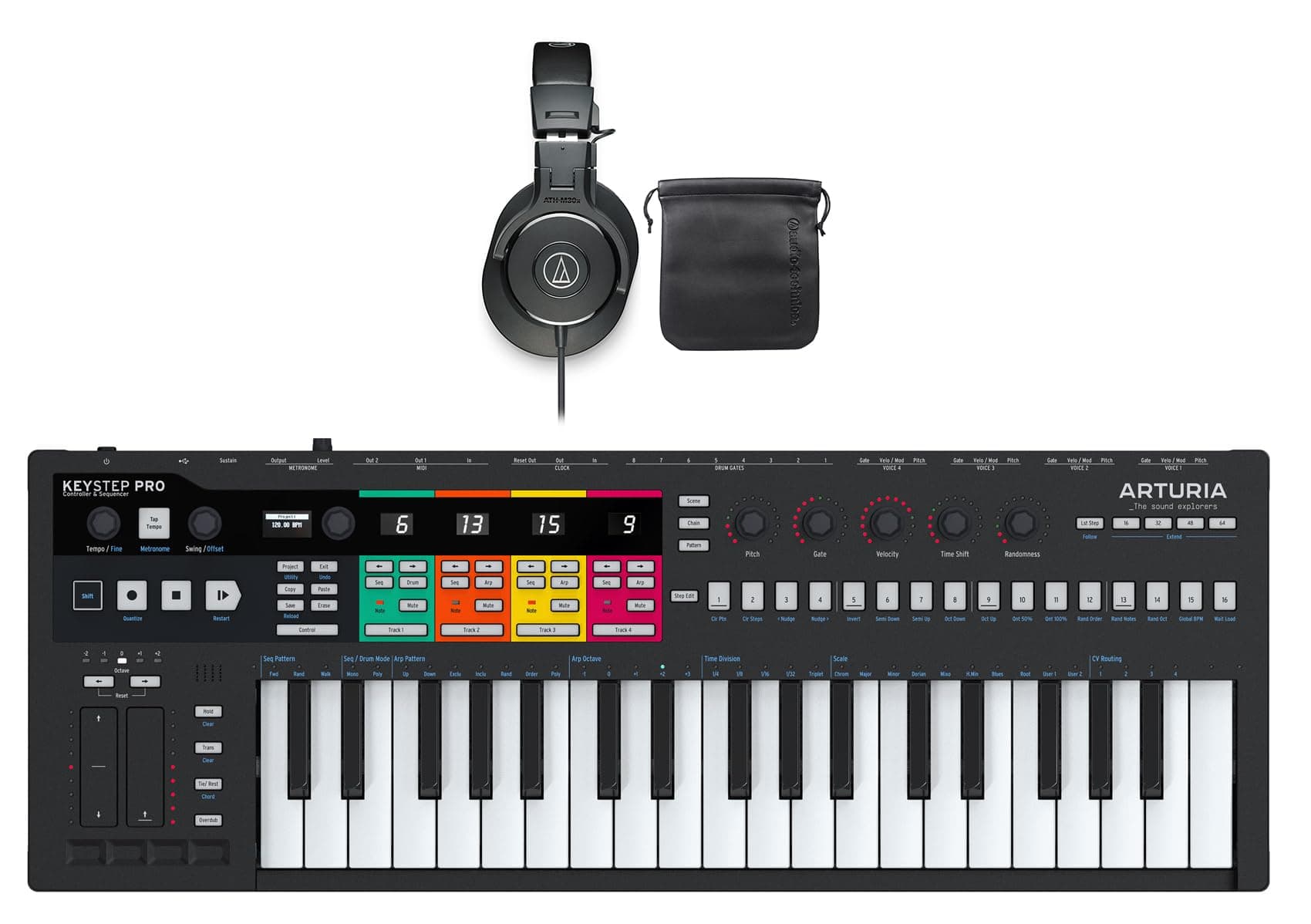Arturia KeyStep Pro Black Bundle: Polyphonic Sequencing MIDI USB Keyboard Controller, ATH-M30X Professional Studio Monitor Headphones, 2-items