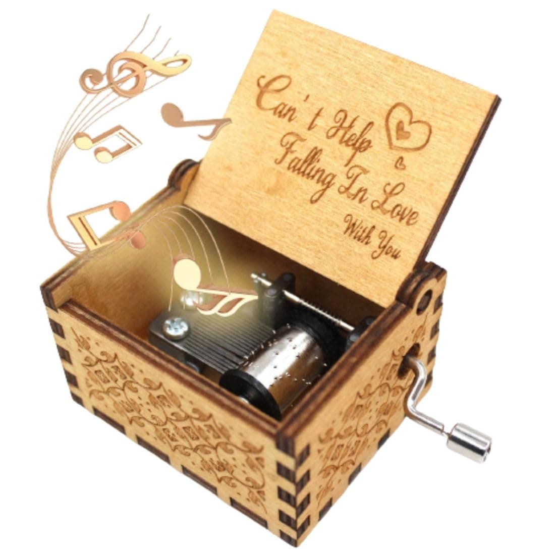 EITHEO Wooden Uniq Carved Hand Crank Can't Help Falling Love with You Theme Music Box