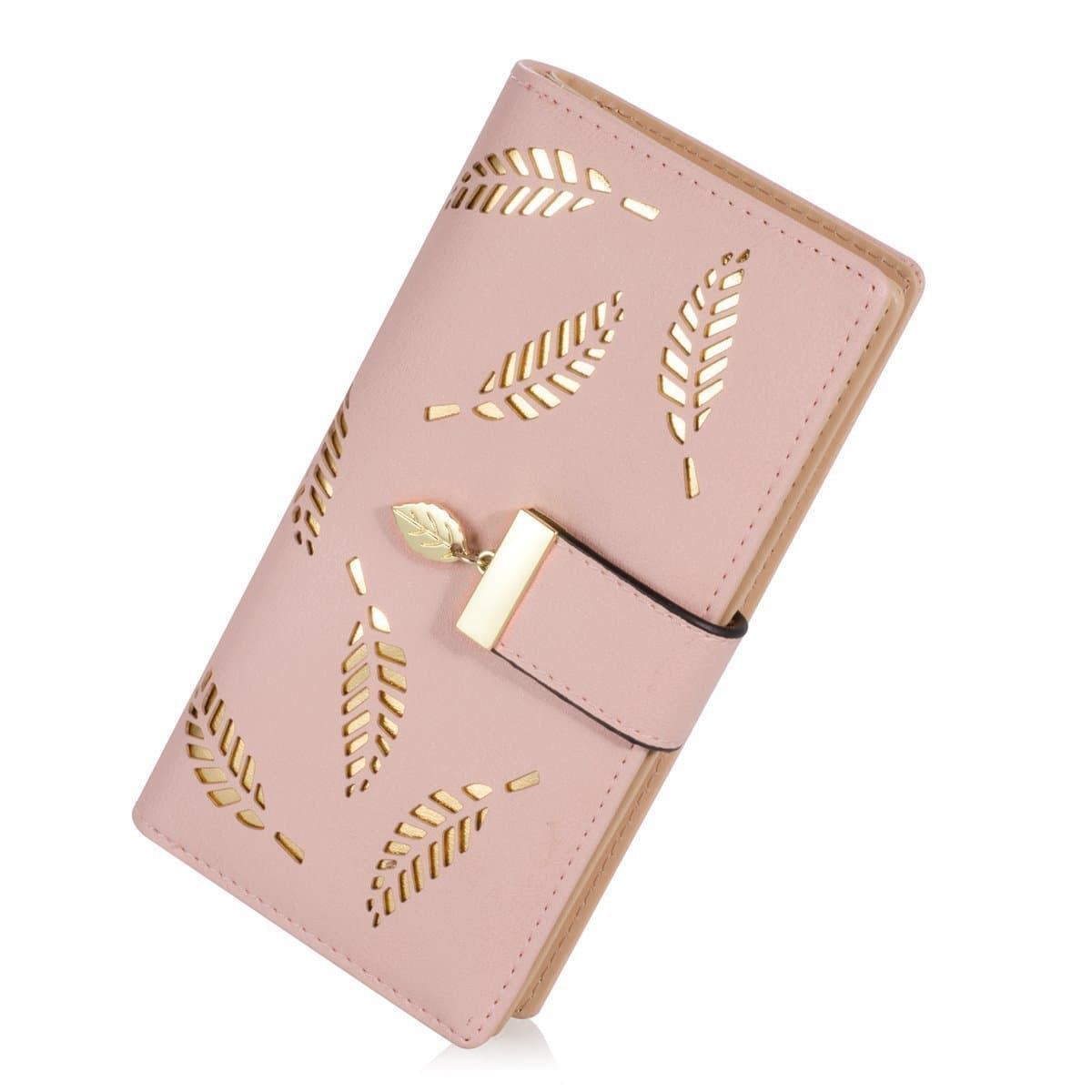 Women's Wallet Hollow Leaf Pattern Bifold Leather Lady Long Wallet Purse Coin Button Clutch Bag (Pink)