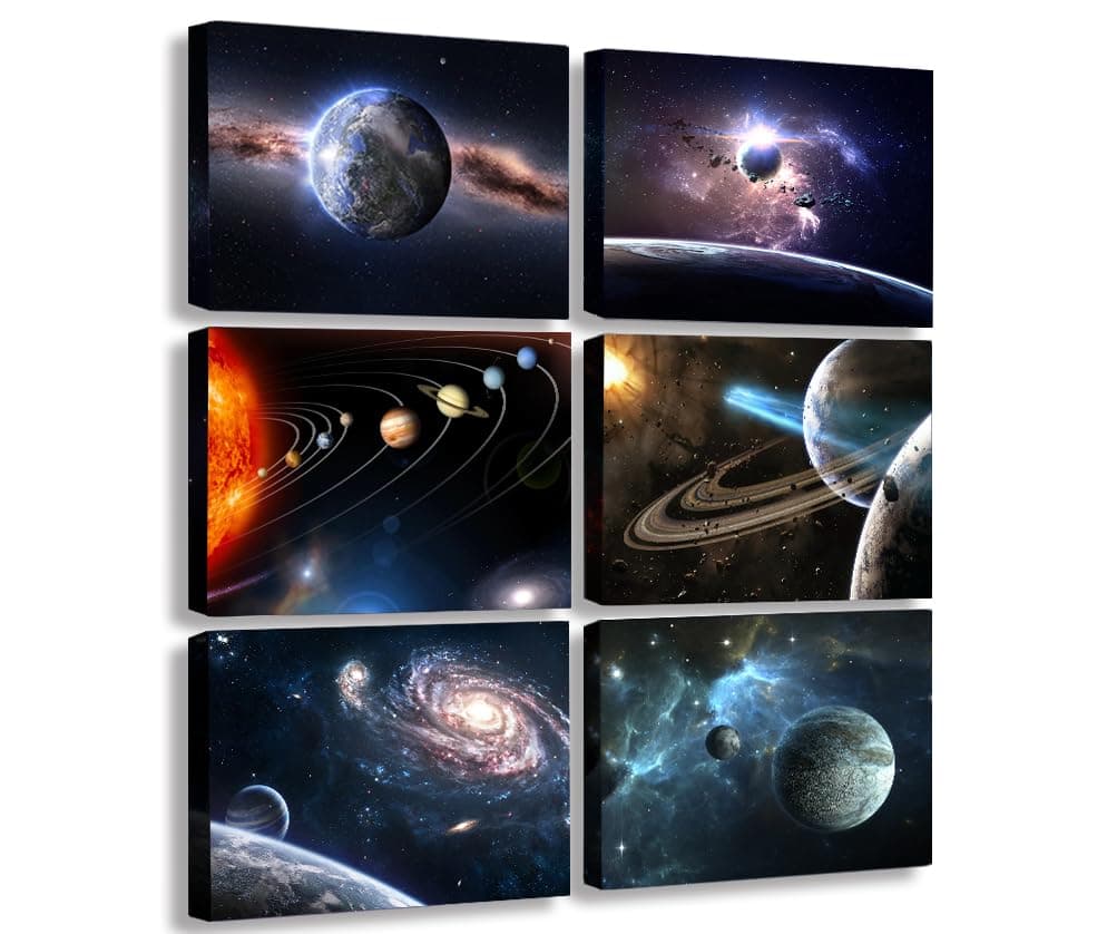 Universe Starry Sky Wall Art Outer Space Planet Wall Art Canvas Decoration Painting，for Bedroom, Lvingroom, Bathroom Decor ，Posters for Kids, Boys or Girls Room ，29x38cmx6pcs，Framed