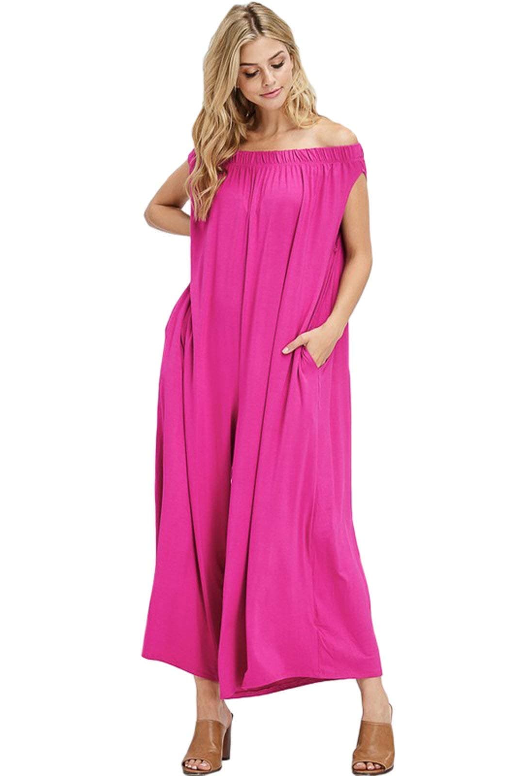 iconic luxe Women's Oversized Off-Shoulder Jumpsuit with Pockets Large Magenta