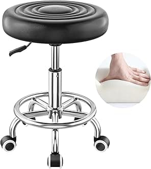 Round Rolling Stool with Wheels & Footrest – Height Adjustable (16.5"–20"), 360° Swivel, PU Leather Seat – Doctor, Salon, Tattoo, Massage Stool – 110 kg Capacity, Black