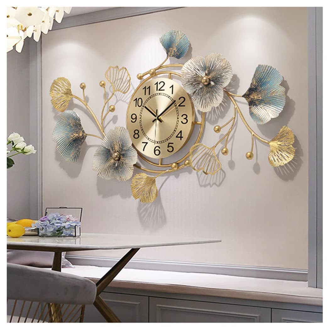 Large Silent Modern Decorative Wall Clock,Elegant Wrought Iron Wall Clocks Ginkgo Leaf Mute Wall Quartz Clock for Living Room Bedroom Hotel Porch (94 * 52cm)
