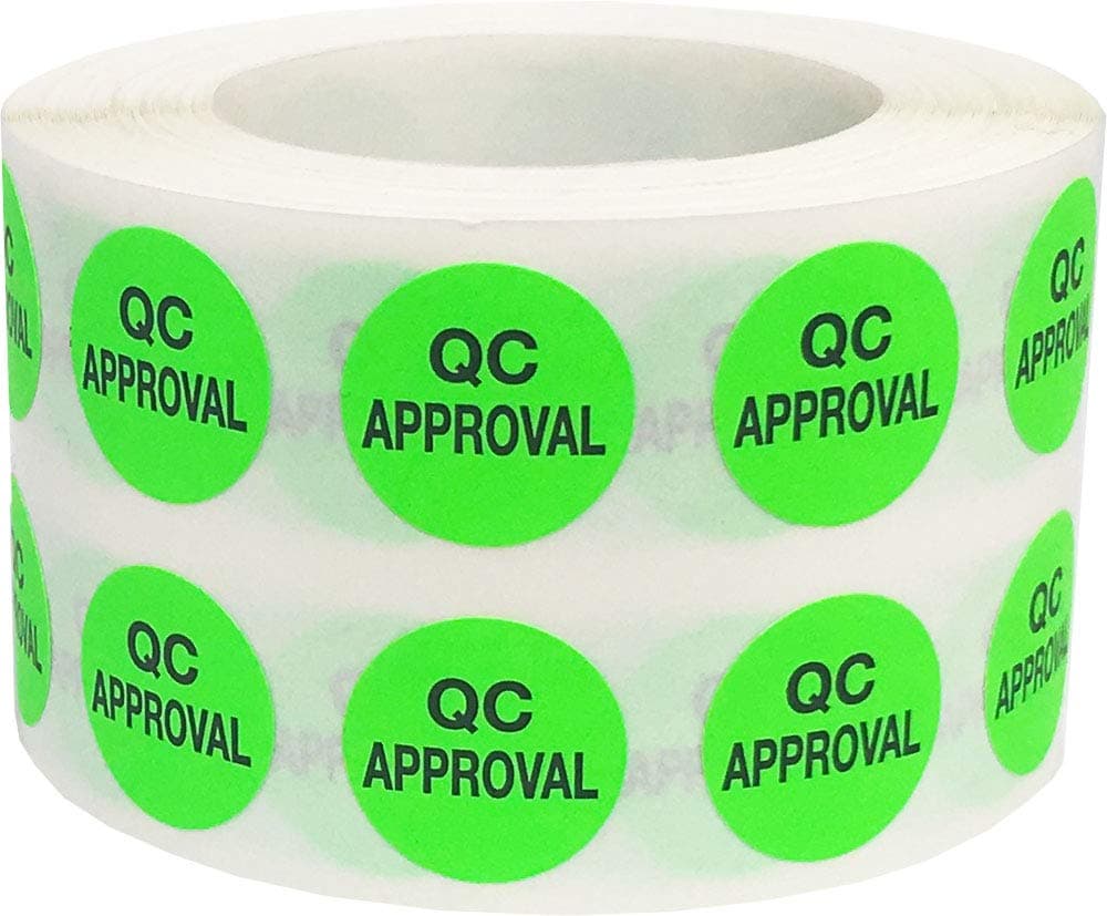InStockLabels.com Quality Control Approval Stickers, QC Tester Labels on Fluorescent Green Paper, Suitable for Warehouse and Manufacturing, 1/2 Inch Round, 1000 Labels Per Roll