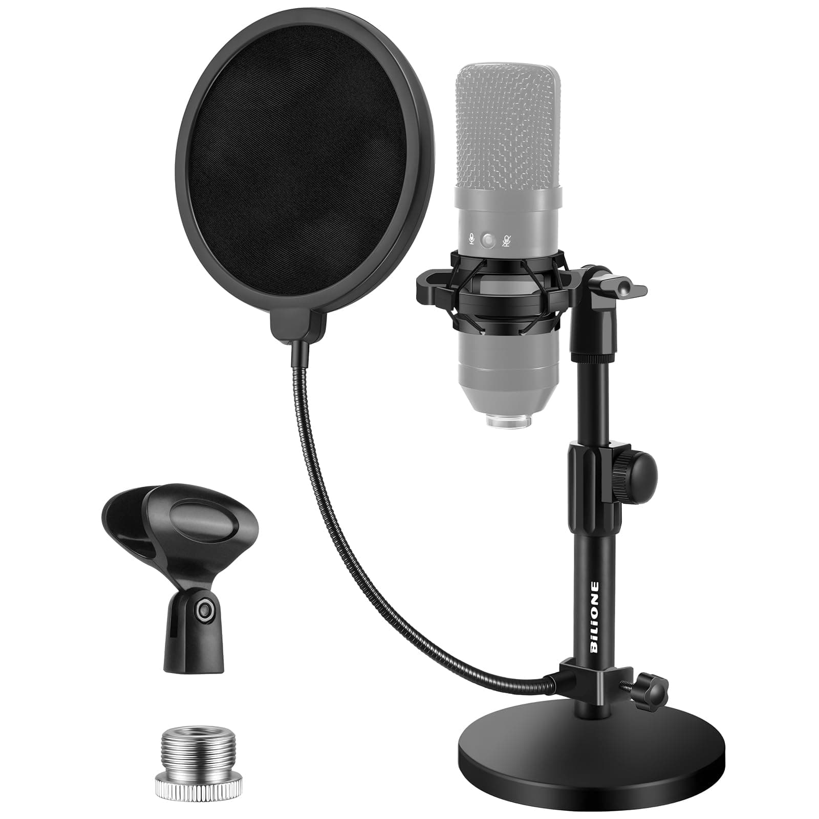 Multifunctional Desktop Microphone Stand, Adjustable Mic Stand Desk with Pop Filter, Shock Mount, Microphone Clip, 5/8" to 3/8" Metal Screw Adapter