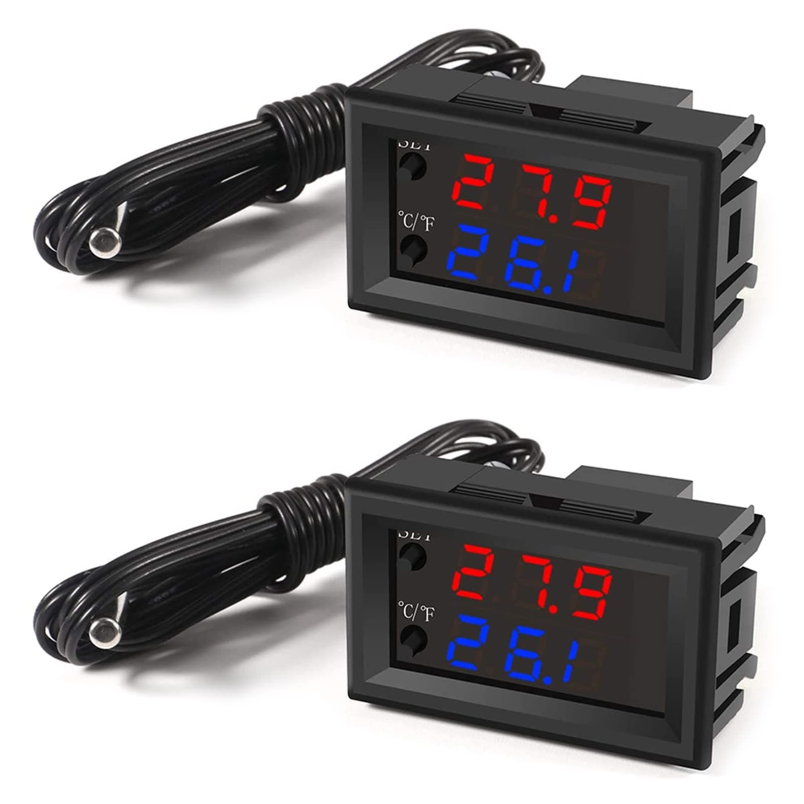 2PCS Temperature Controller -50 to 110 Celsius (-58 to 230 F) DC 12V Programmable Heating/Cooling Thermostat Control Switch Module NTC Waterproof Sensor Probe Dual Color LED Display Monitor