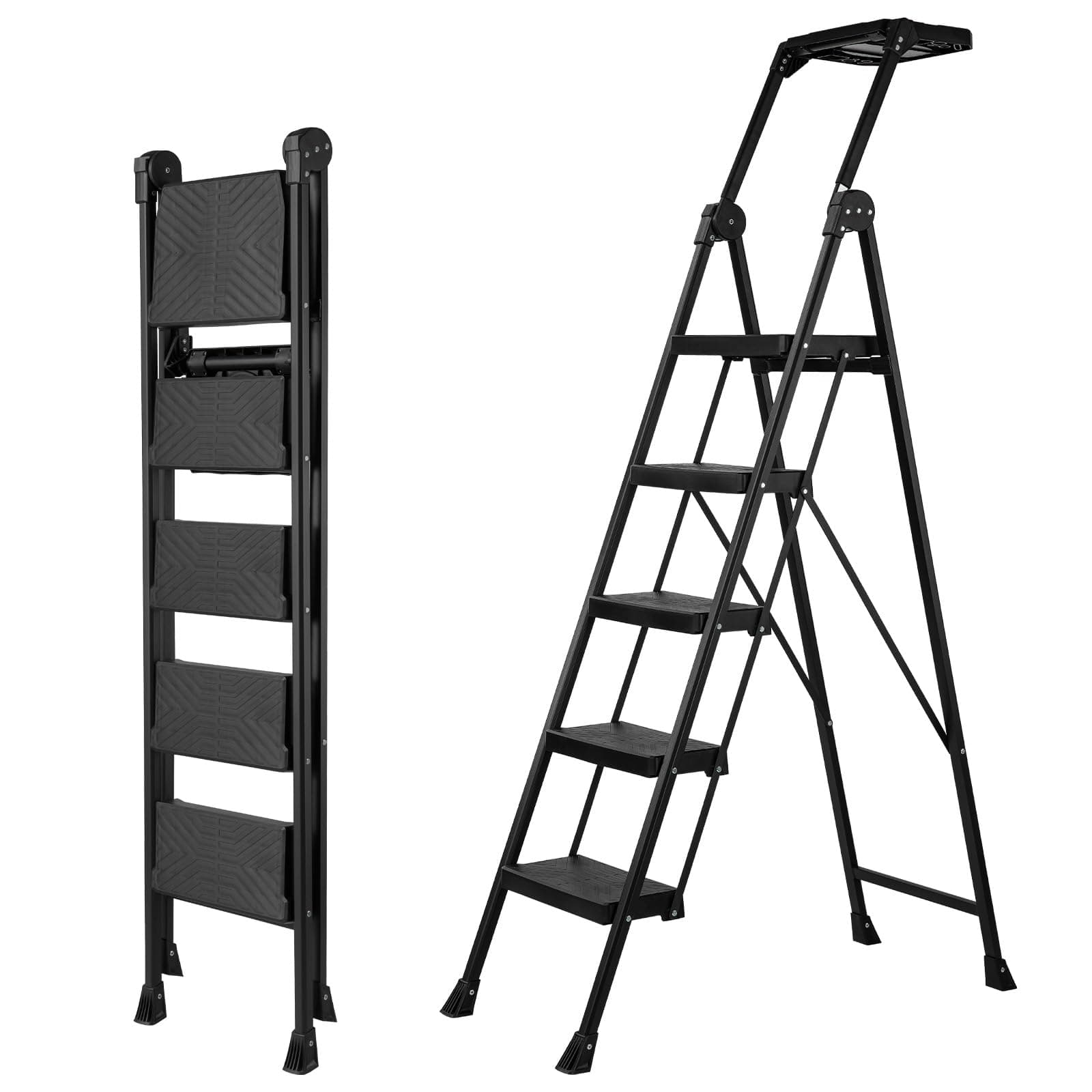XinSunho 5 Step Ladder, Foldable Handrail & Tool Tray Stool Ladders with Anti-Slip Wide Pedal, 660 lbs Sturdy Steel Ladder for Home Kitchen and Outdoor