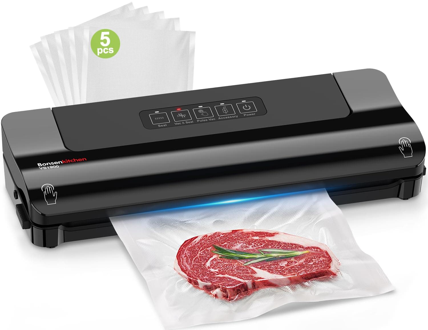 Bonsenkitchen Vacuum Sealer, Fast-Compact Vacuum Sealer Machine, High-Speed Continuous Working, Multi-Functional Food Vacuum Sealer with Vacuum Bags & Accessory Hose (Black)