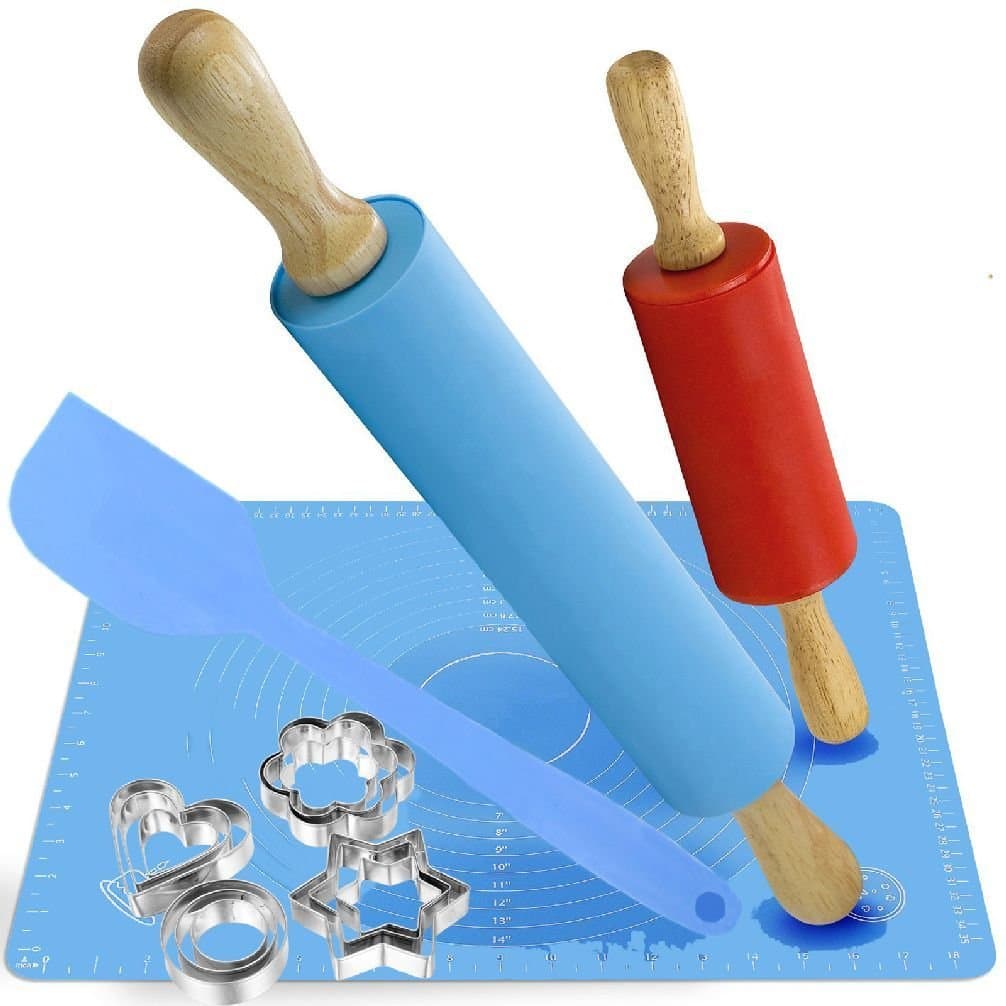 Family Rolling Pin set Silicone Baking Mat With 12pc Stainless Steel Cookie Cutters for Baking Tool