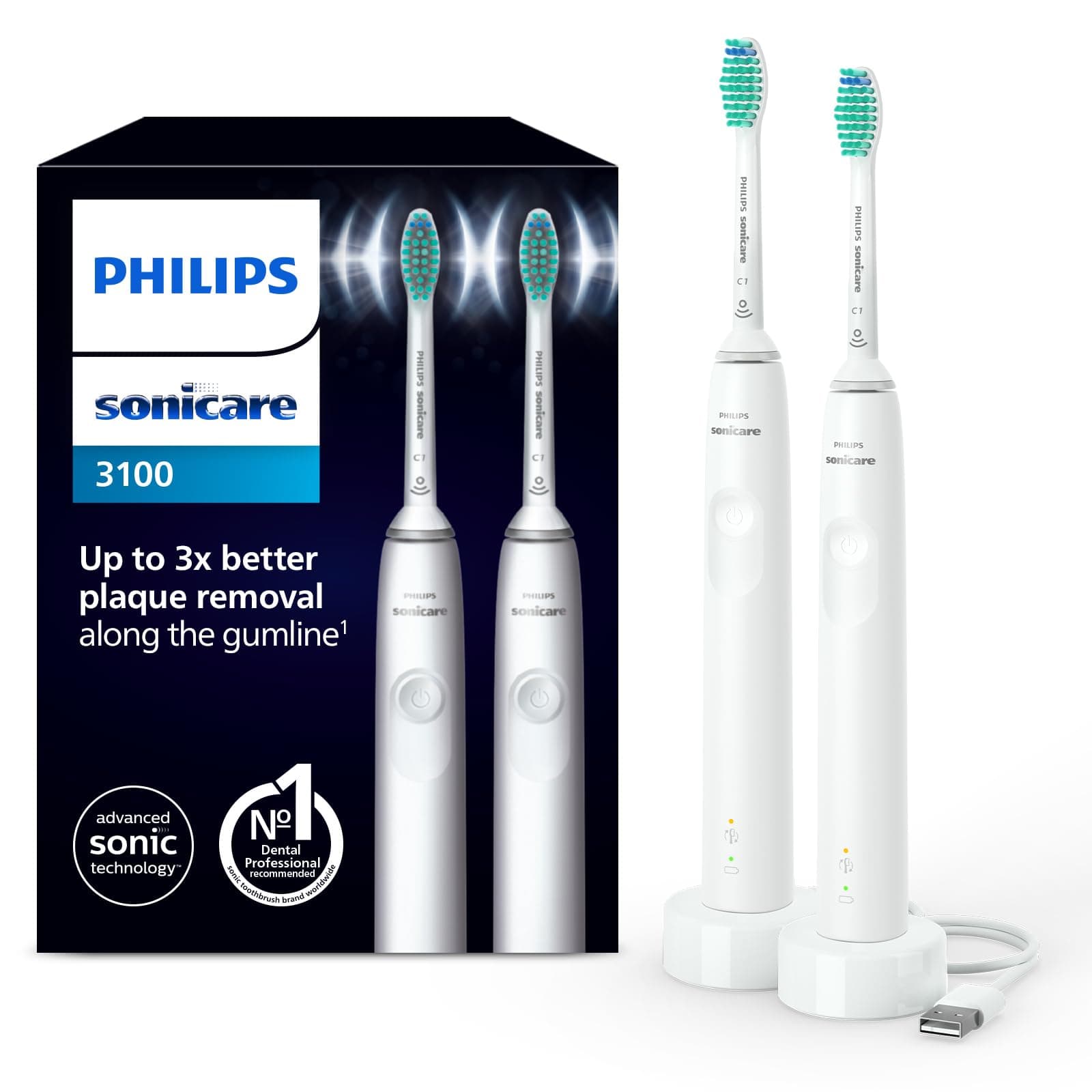 Sonicare 3100 Electric Toothbrush, Sonic Toothbrush, Pressure Sensor and Timer, White, Dual Pack, Model HX3675/13