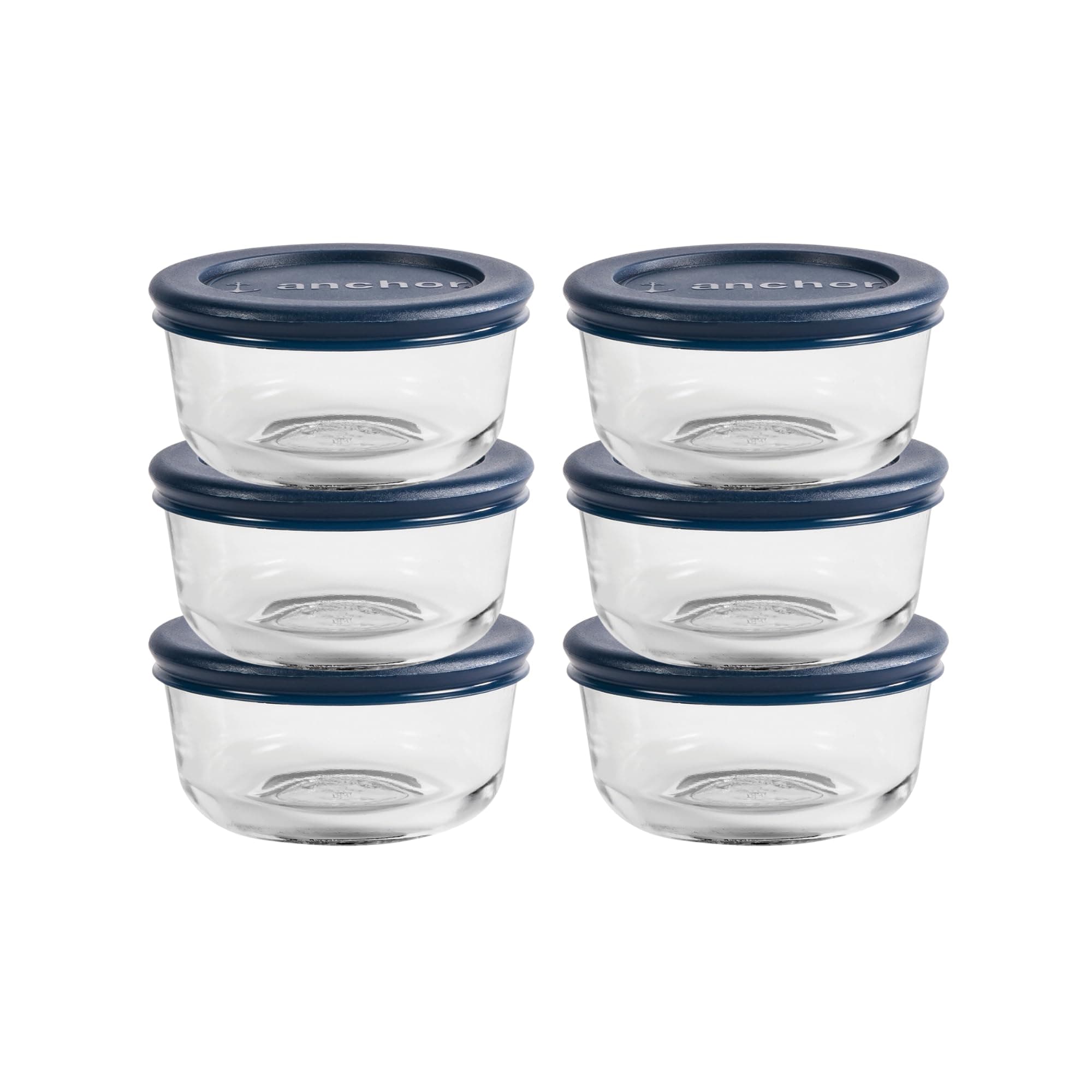 Anchor Hocking 1 Cup Glass Storage Containers with Lids, Set of 6 Glass Food Storage Containers with Navy Blue SnugFit Lids