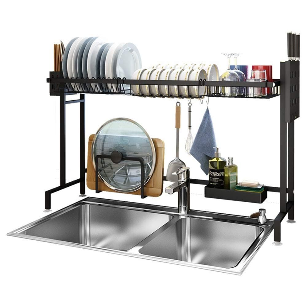 MLQ Multifunctional Kitchen Sink Stainless Steel Storage Shelf, Double Layer Sink Dishes Drain Rack, Can Bear 30 Kg Without Pressure, Black, 91 * 27 * 57Cm