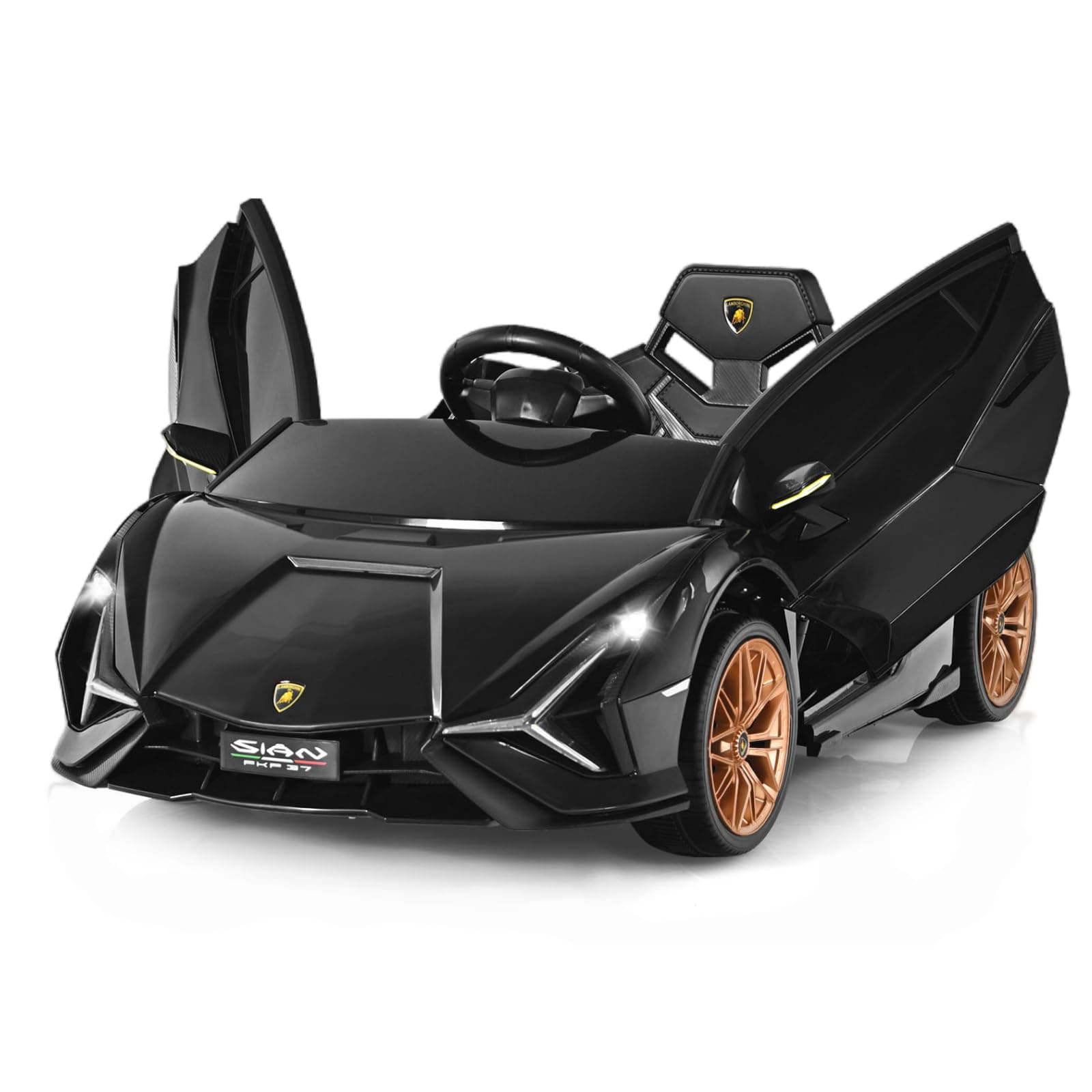 – COSTWAY 12V Kids Electric Ride on Car with Remote Control, LED Lights, MP3, Music, Spring Suspension, Licensed Lamborghini Battery Powered Toy Vehicle for Boys and Girls (Black)