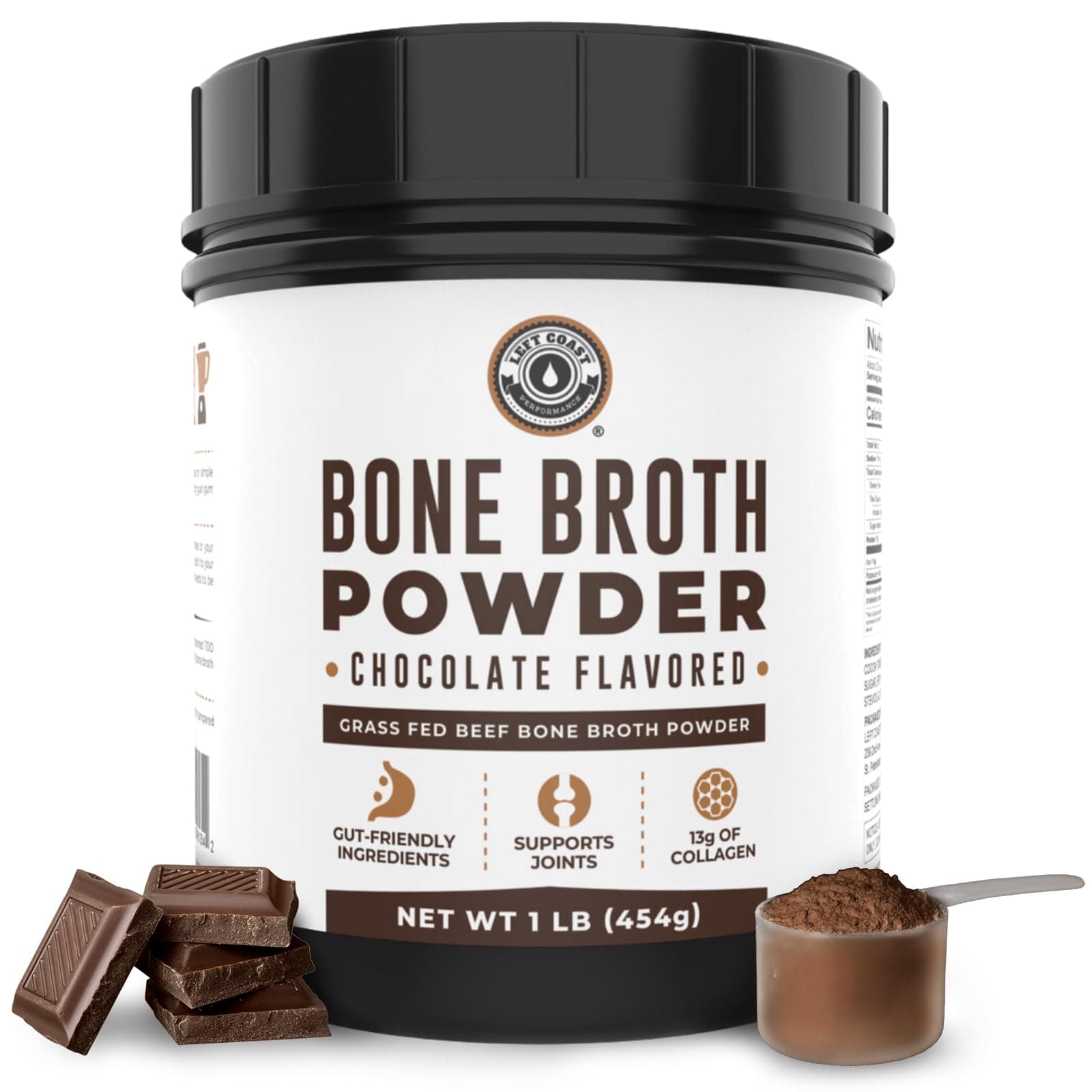 Chocolate Bone Broth Protein Powder - 100% Grass Fed Beef Bone Broth with 16g Protein & 13g Collagen per Serving - Great for Shakes & Hot Chocolate - Keto Friendly Low Carb & Non-GMO (1lb Tub)
