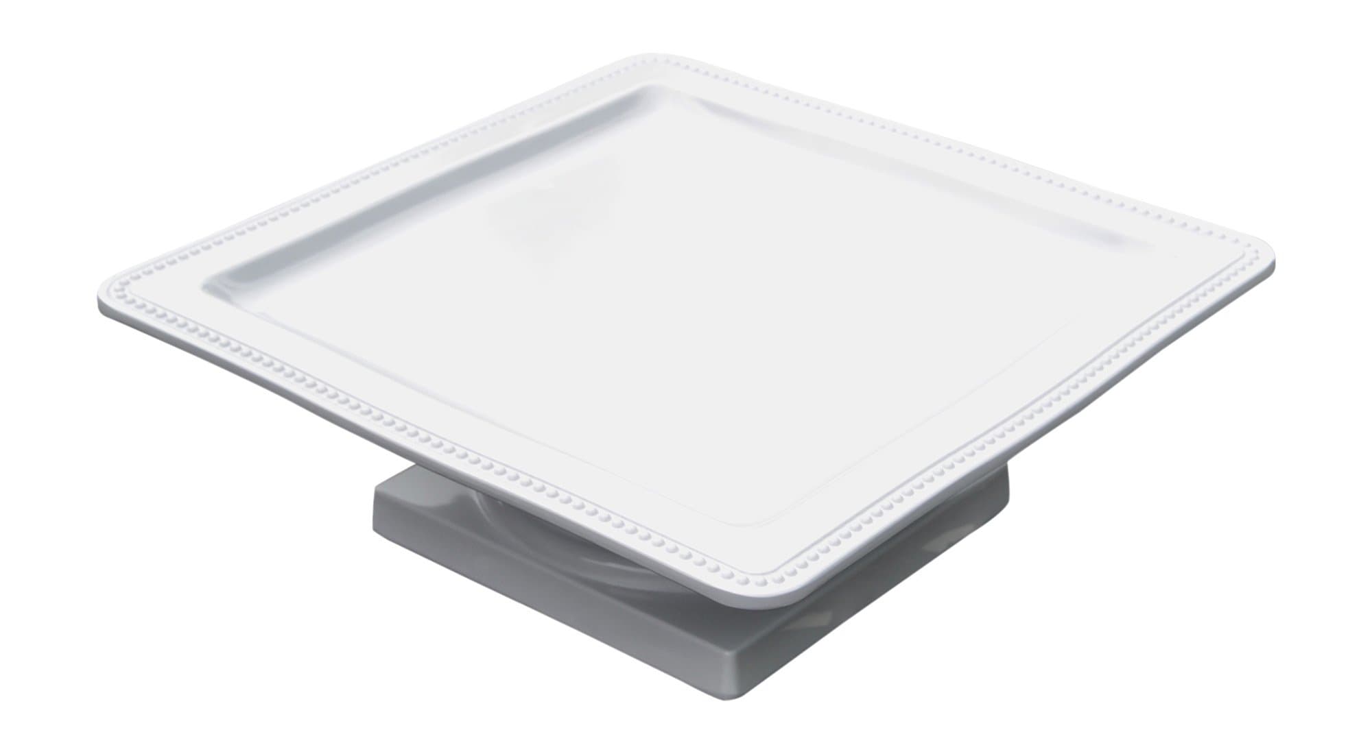Elegant White Beaded Cake Stand, 12.5-inch Square Platter and Detachable Pedestal, Fits 9.5-inch Cake, Dessert Serving Platter for Cupcakes, Pastries, and More