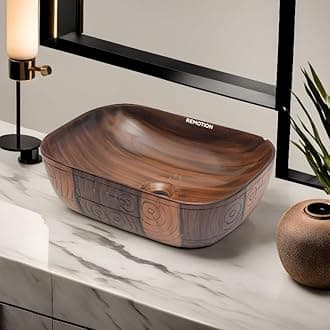 REMOTION Wooden Style Designer Wash Basin Countertop | Tabletop Ceramic Bathroom Sink | Wash Basin For Bathroom (18 x 13 x 5.5 Inch, Wodeen Style Designer Basin 01)