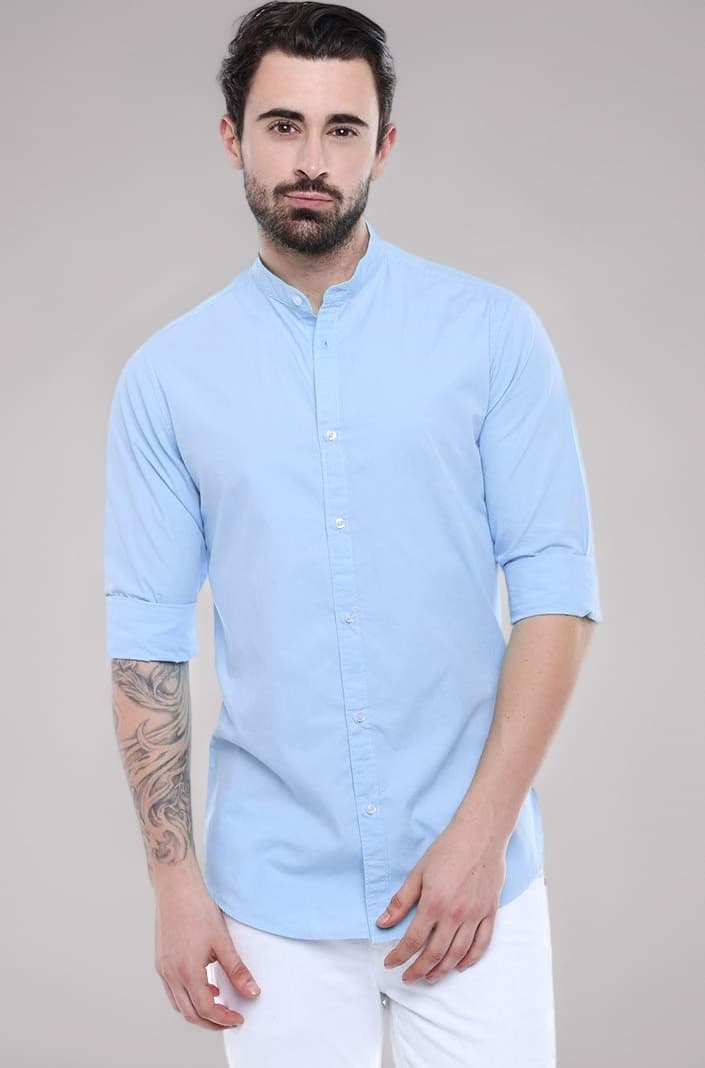 Men Cotton Solid Mandarin Collar Full Sleeves Regular Fit Casual Shirt