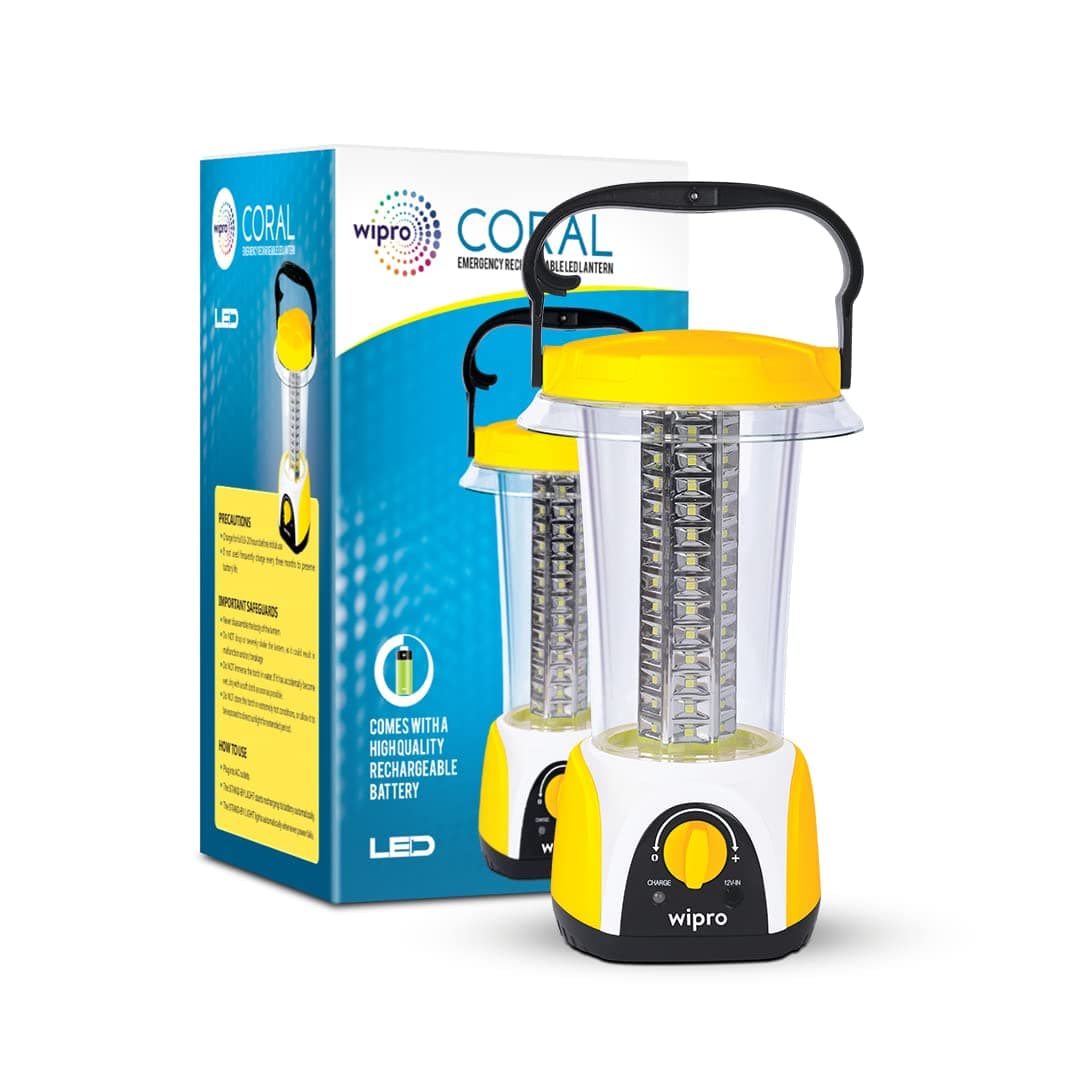 Wipro Coral Multi-Functional Rechargeable LED Emergency Lights, with 84 Individual LED Lights|360 Degree Lighting and 3000mAH Lithium Battery,Yellow , Pack of 1