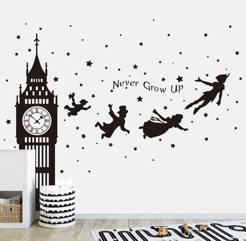 Runtoo Peter Pan Wall Decals Big Ben Clock Never Grow Up Quotes Stars Wall Stickers Baby Nursery Room Kids Bedroom Wall Decor [Black]