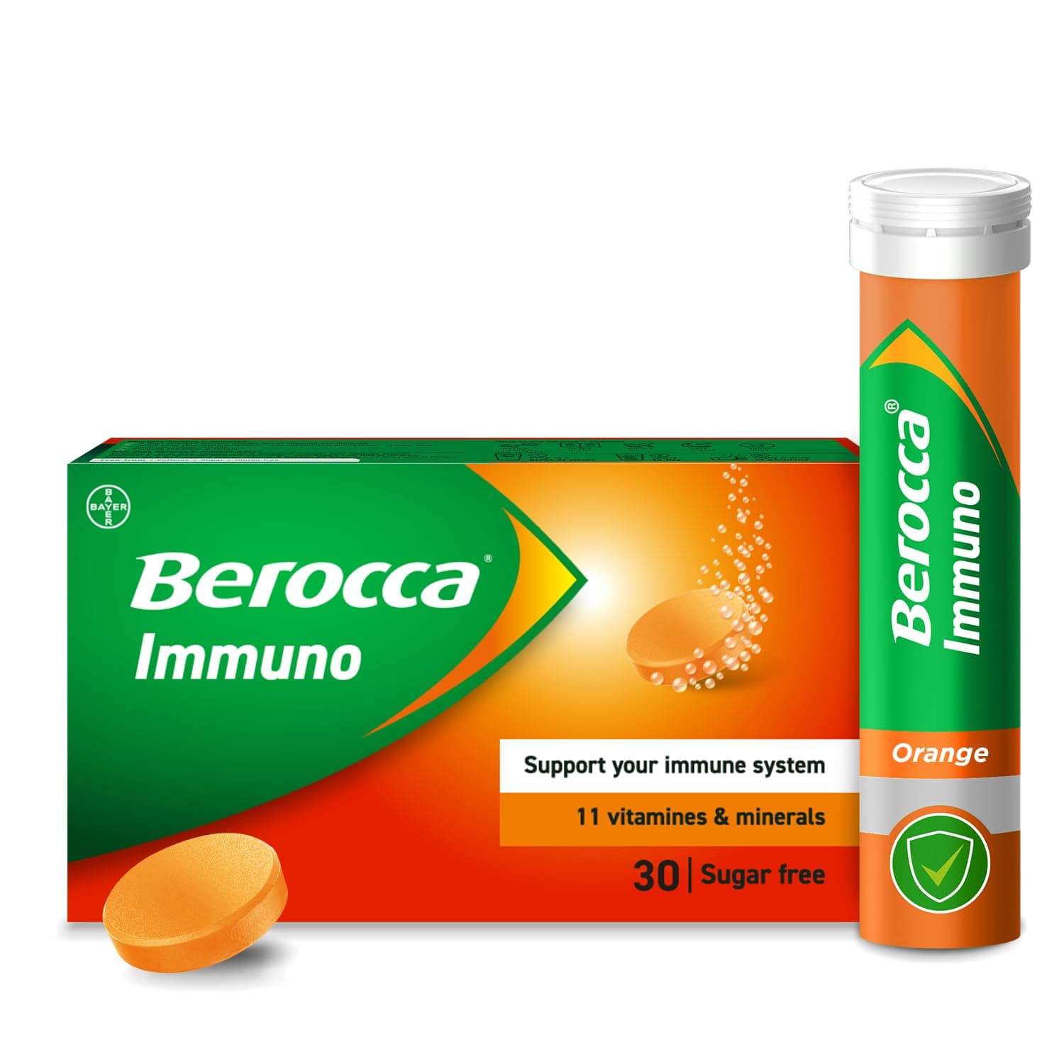 Berocca Immuno Effervescent Tablets, 11 Vitamins and Minerals, Including Vitamins D, C, A, B9, Zinc and Iron to Help Support Your Immune System and B6 and B12 Support Energy Release, Green, 30 Tablets
