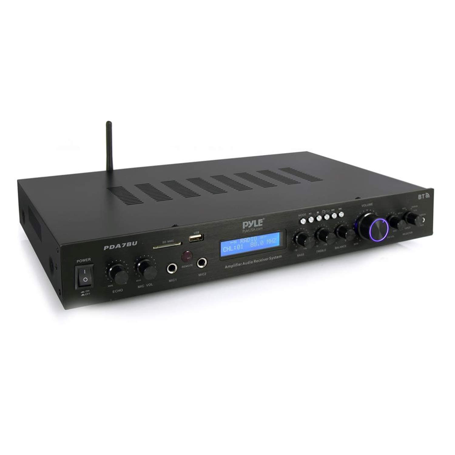 Bluetooth Home Theater Amplifier - 200 Watts into 5 Channels with Subwoofer Out, Easy Karaoke - Dual Mic, Wireless Streaming, USB/SD with MP3 player, RCA Input, FM Radio, LCD Display - PDA7BU