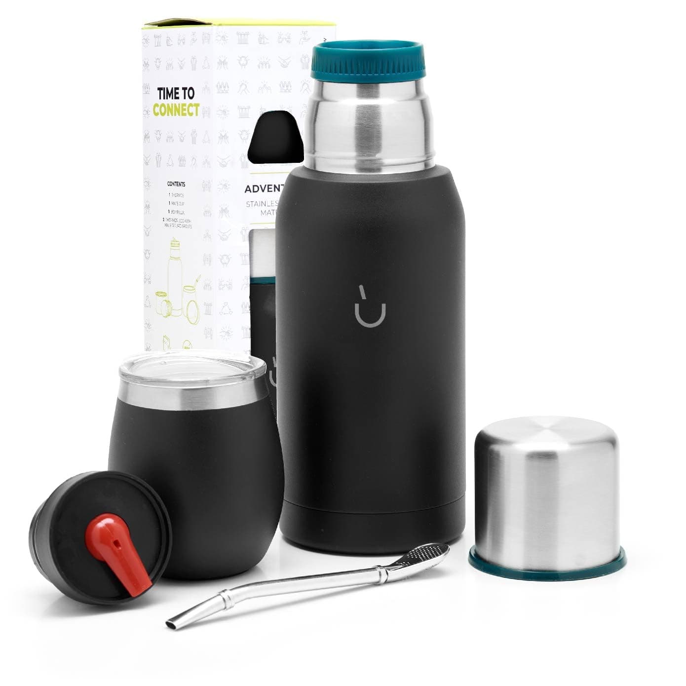 BALIBETOV Yerba Mate Kit - Includes 1 Mate Cup, 1 Straw, and 1 Thermal Flask with 2 Stoppers - The Stainless Steel Yerba Mate Gourd, Includes Lid (Black)