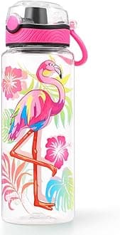 Home Tune Cute Water Bottle for School Kids Girls, BPA FREE Tritan & Leak Proof & Easy Clean & Carry Handle, 23oz/ 680ml - Flamingo