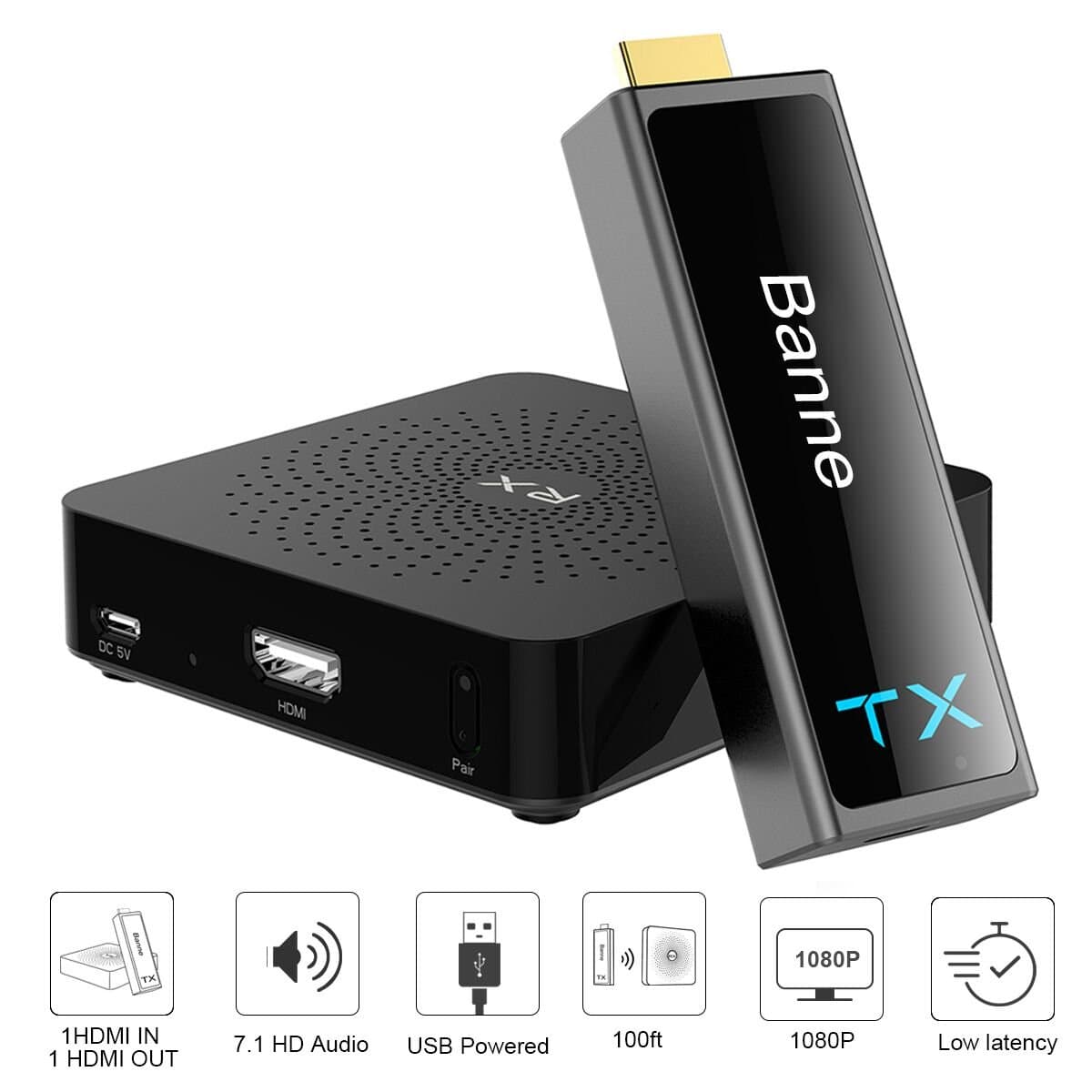 Wireless HDMI Transmitter and Receiver，Banne HDMI Wireless Extender for 100ft 1080p 3D Video/Audio Streaming from Laptop,PC,Netflix,PS4,Xbox 1,Pro Camera to HDTV, Projector,Monitor