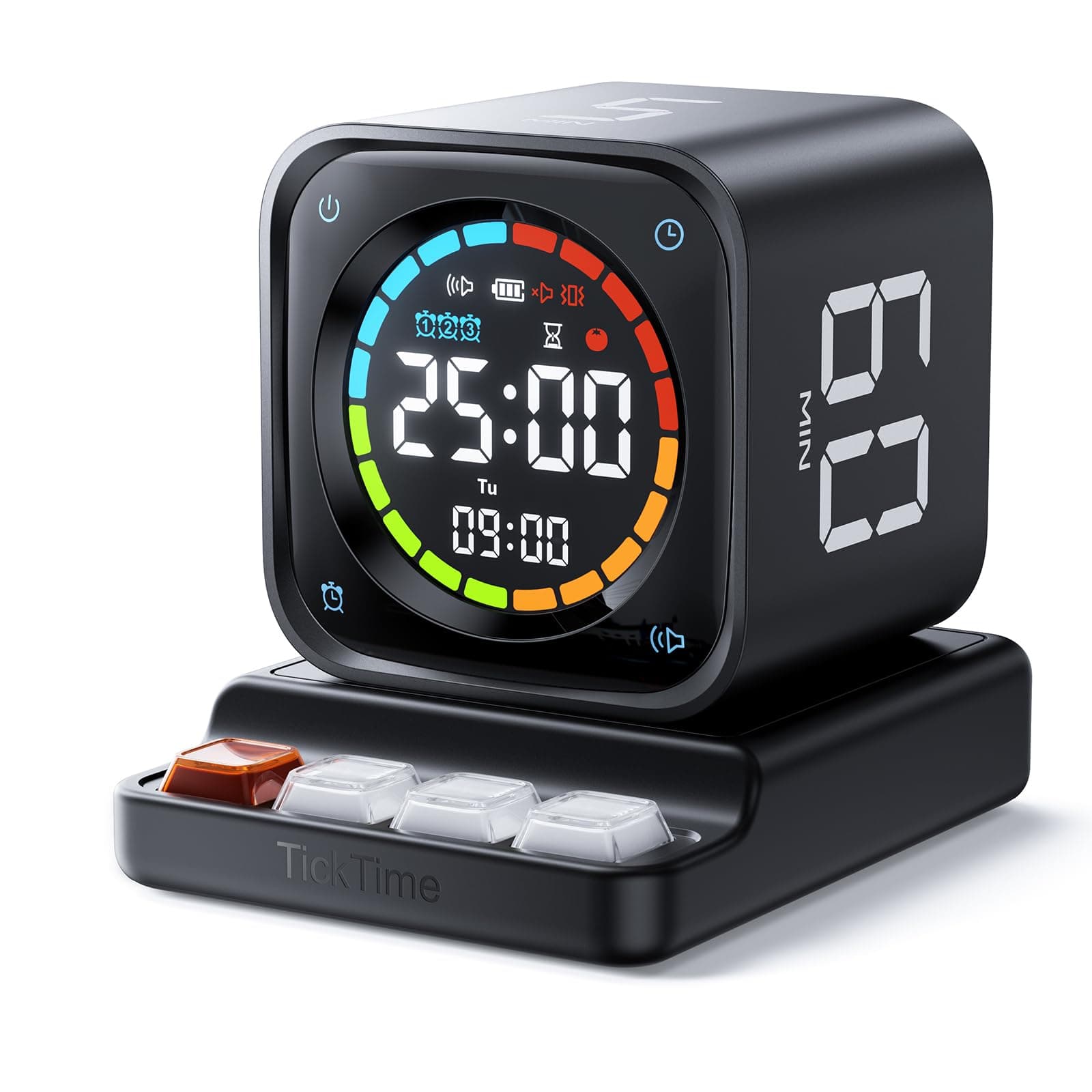 Ticktime TK3 Pomodoro Timer Cube, Desk Productivity Timer with 5/10/30/60 Min Presets, Custom Countdown, Stopwatch, Clock, 3 Alarm, Silent, Vibrate & Sound Mode, for Task, ADHD, Study, Kitchen, Black