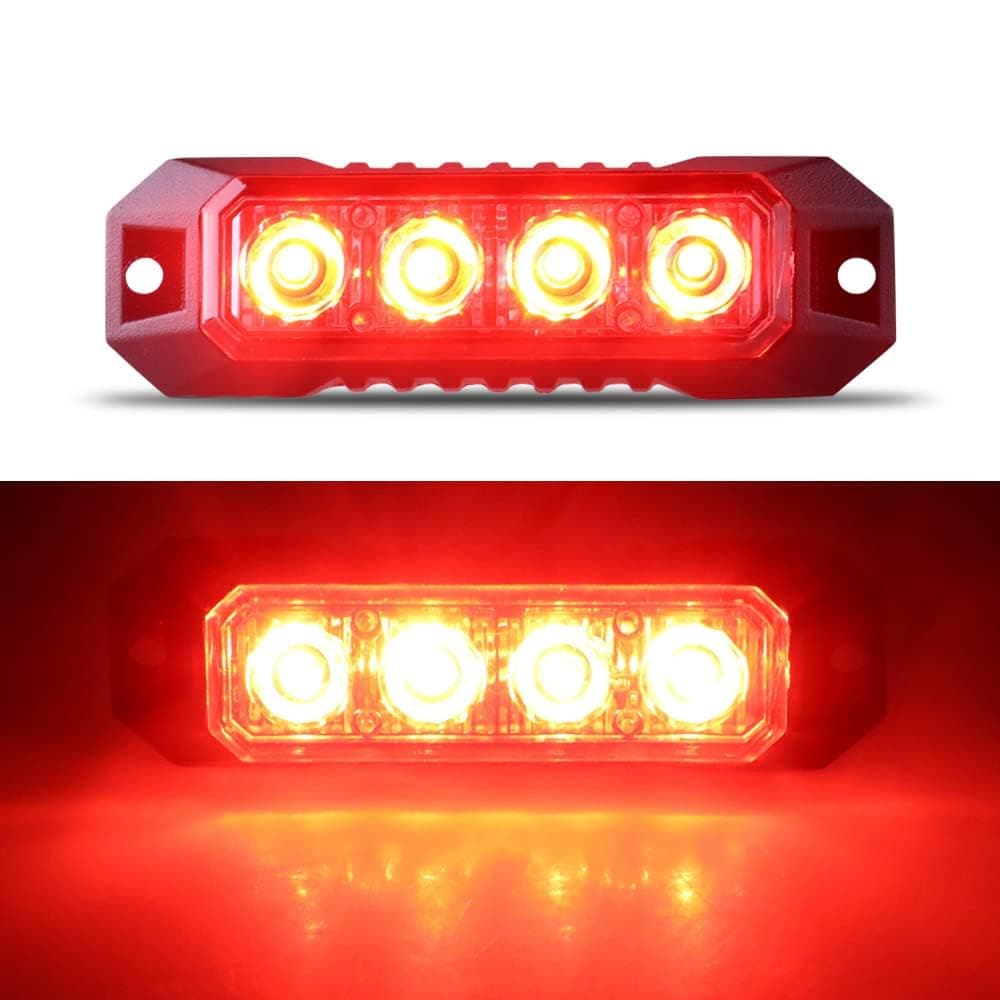 4 LED Red Strobe Lights Vehicles Trucks Emergency Strobe Lights Kit 12V -24V Beacon Warning Hazard Flash Strobe Lights Bar Grill Grille Surface Mount Red Lamps
