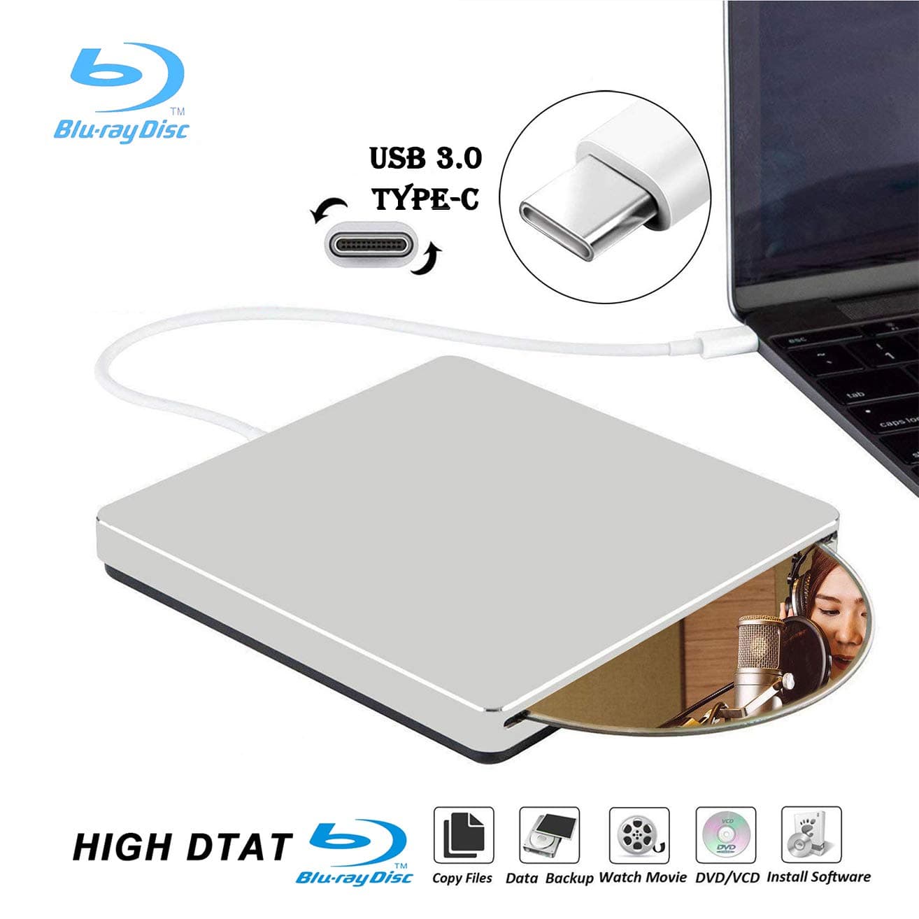 External Blu Ray DVD Drive Burner Player USB3.0 Portable Slim Automatic Slot-Loading CD/DVD-RAM/BD-ROM Superdrive +/- RW Rewriter/Reader with High Speed Data for Laptop Windows Mac OS (USB3.0 Type-C)