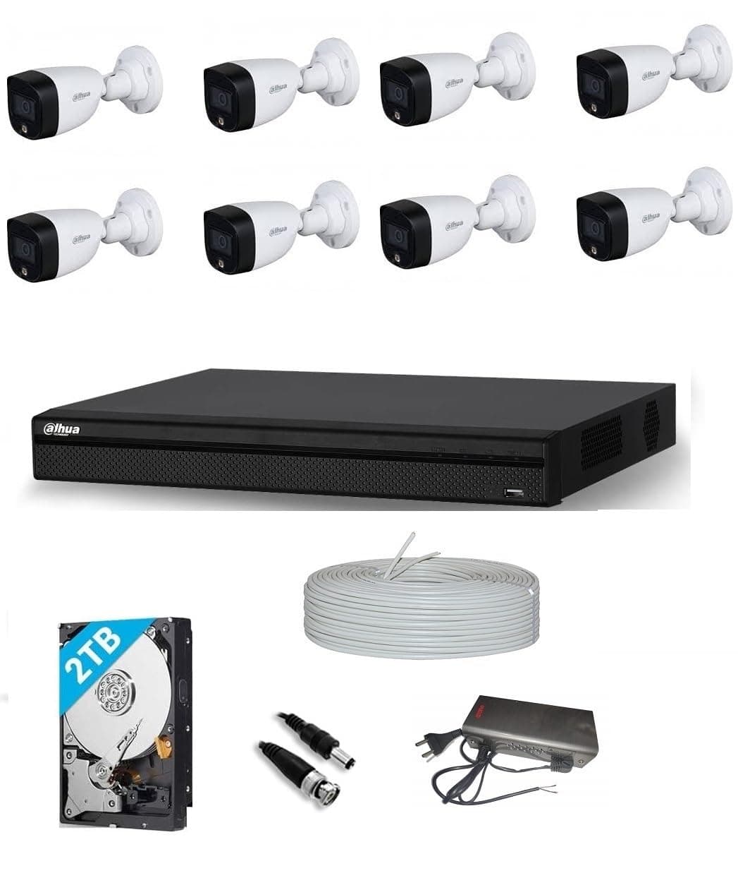 DAHUA 2MP Color Night Vision HD CCTV Security Camera Combo Set with (8 CH DVR, 2MP Outdoor Bullet 8Pcs,2TB Hard Drive, 8 CH SMPS, CCTV 3+1 Cable Roll-1Nos,Connectors)