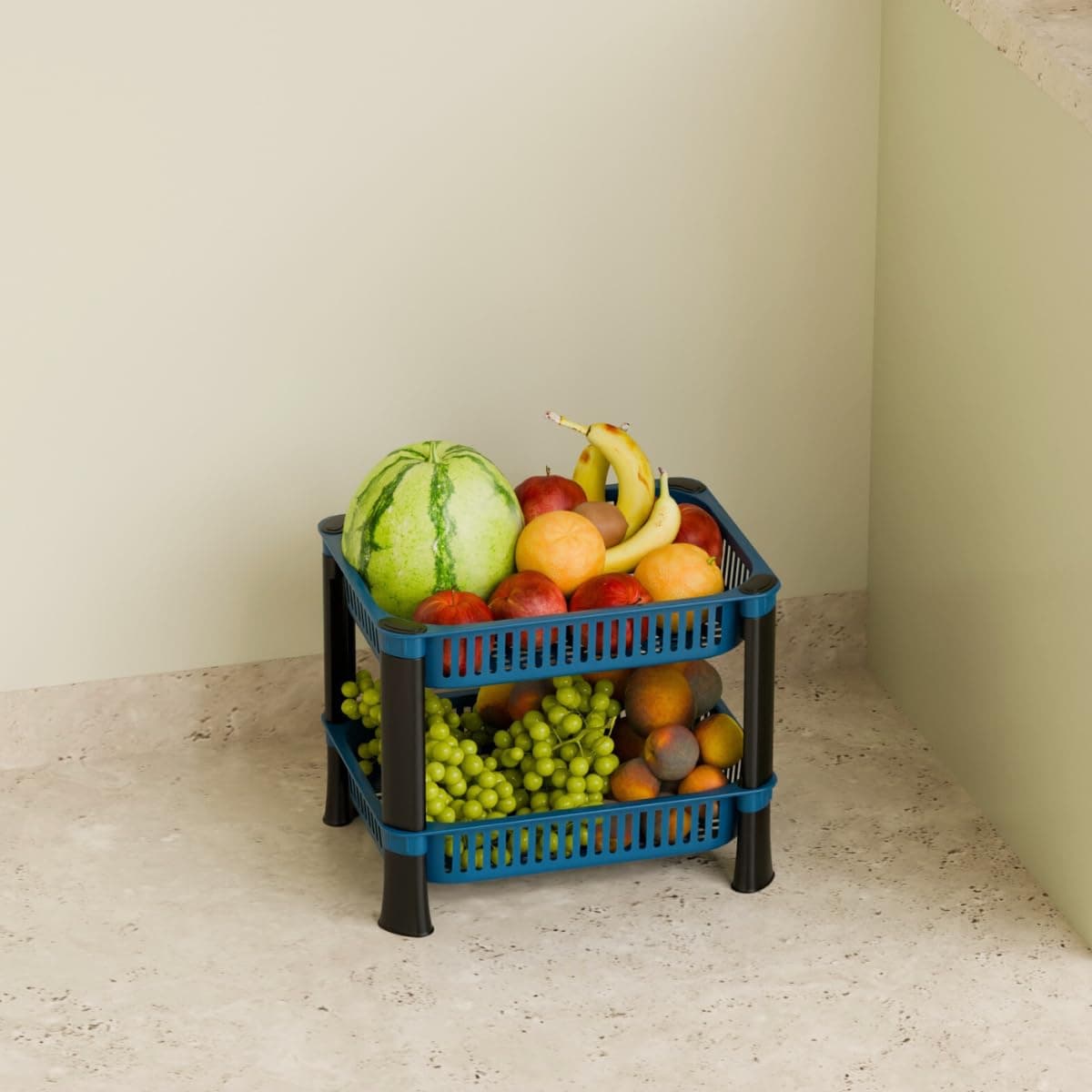 2-Layer Multipurpose Plastic Kitchen Storage Rack | Vegetable Basket Organizer | Stackable Storage Stand for Home, Pantry, Bathroom, Office – Durable Space-Saving Shelf (Blue)