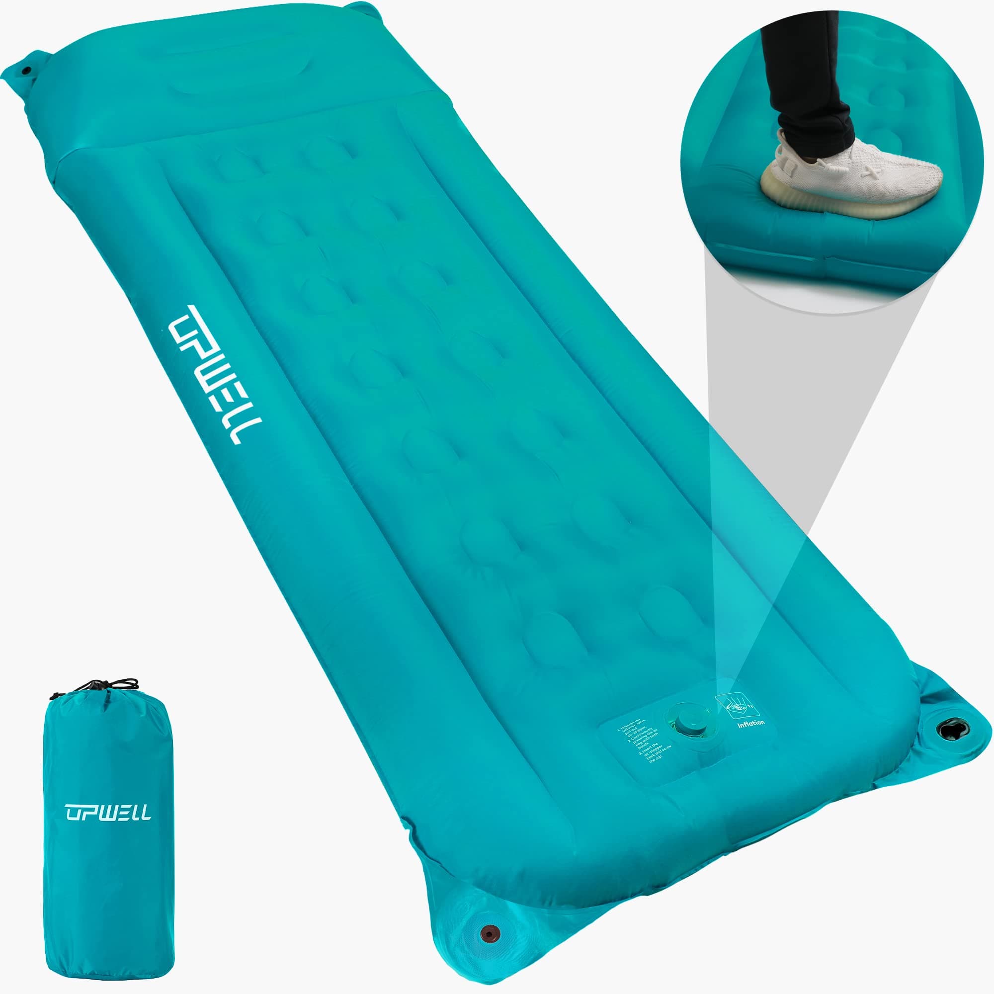 UPWELL Sleeping Pad for Camping, 6 Inch Thick Inflating Sleeping Mat with Pillow & Built in Foot Pump - Extra Wide Camping Air Mattress - Ultimate for Backpacking, Hiking, Traveling, Peacock Blue