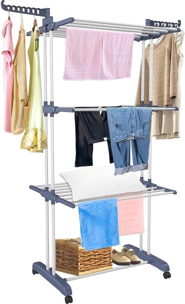 SKY-TOUCH 4 Tier Foldable Clothes Drying Rack, Laundry Drying Rack with Two Side Wings, Movable Drying Rack with 4 castors, 24 Drying Poles & 14 Hooks, Space-Saving, for Bed Linen, Clothing - Grey