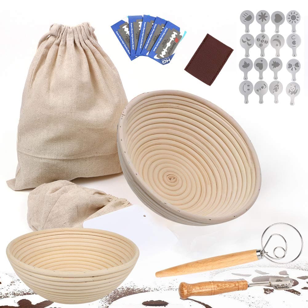 Banneton Round Bread Proofing Basket 9" 10" with 6 Pack Baking Tools – Cloth Liner, Bread Bag, Whisk, Scraper, 16 Stencils, Lame(1+4 Replaceable Blades)