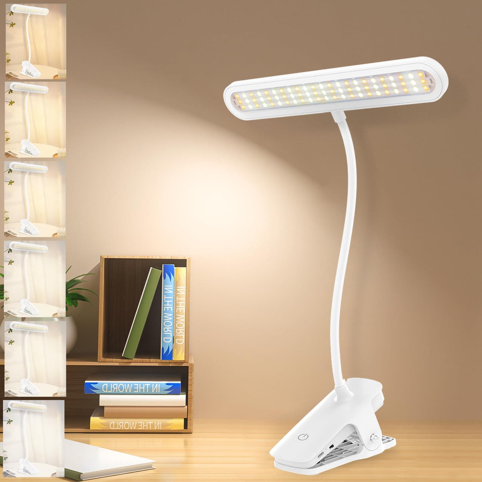 deaunbr Clip on Light LED Reading Light for Book in Bed, 66LEDs Desk Lamp Eye Caring 4 Brightness and Multiple Color Temperatures Book Lights Rechargeable Clamp Lamps for Beds, Headboard, Bedroom