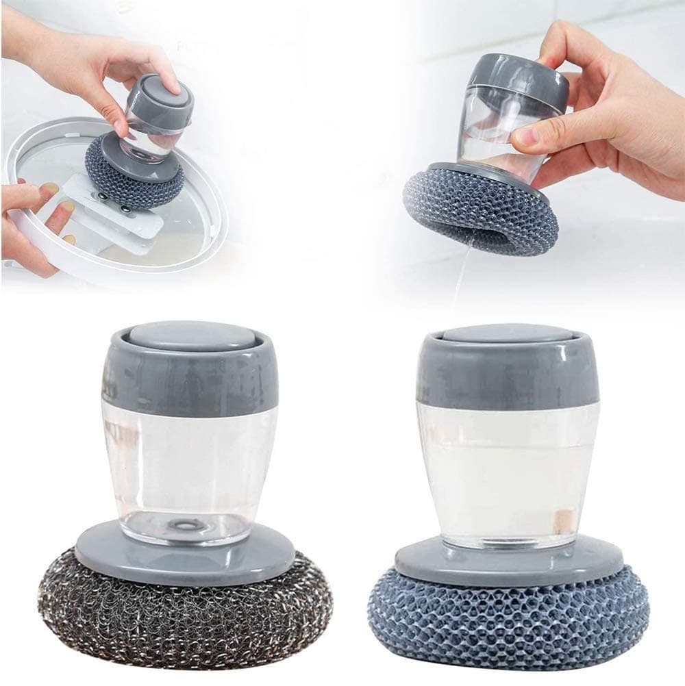 Kitchen Dispensing Palm Brush Multifunctional Cleaning Brush,Kitchen Dish Scrub Brush,Automatic Liquid Addition Bong Cleaner for Dish Pot Pan Sink Cleaning Brush 2Pcs(PET Pot+Steel Wire)
