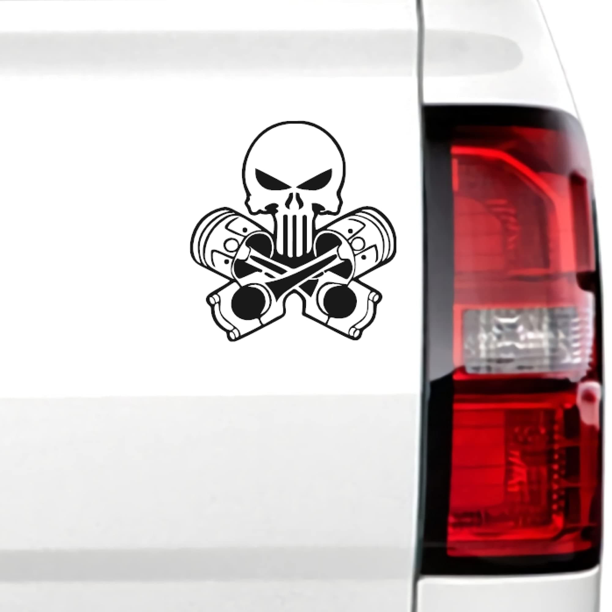 Engine Piston Skull Vinyl Decal Sticker 8x8.5" (White)