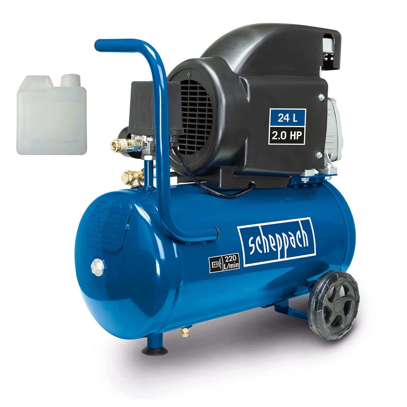 Scheppach Compressor HC26 Compressed Air Compressor, 220 l/min Suction Power, 24 L Boiler, 1500 W, 8 Bar Working Pressure, Oil Lubricated and Long-Lasting with Handle and Driving Device, Includes