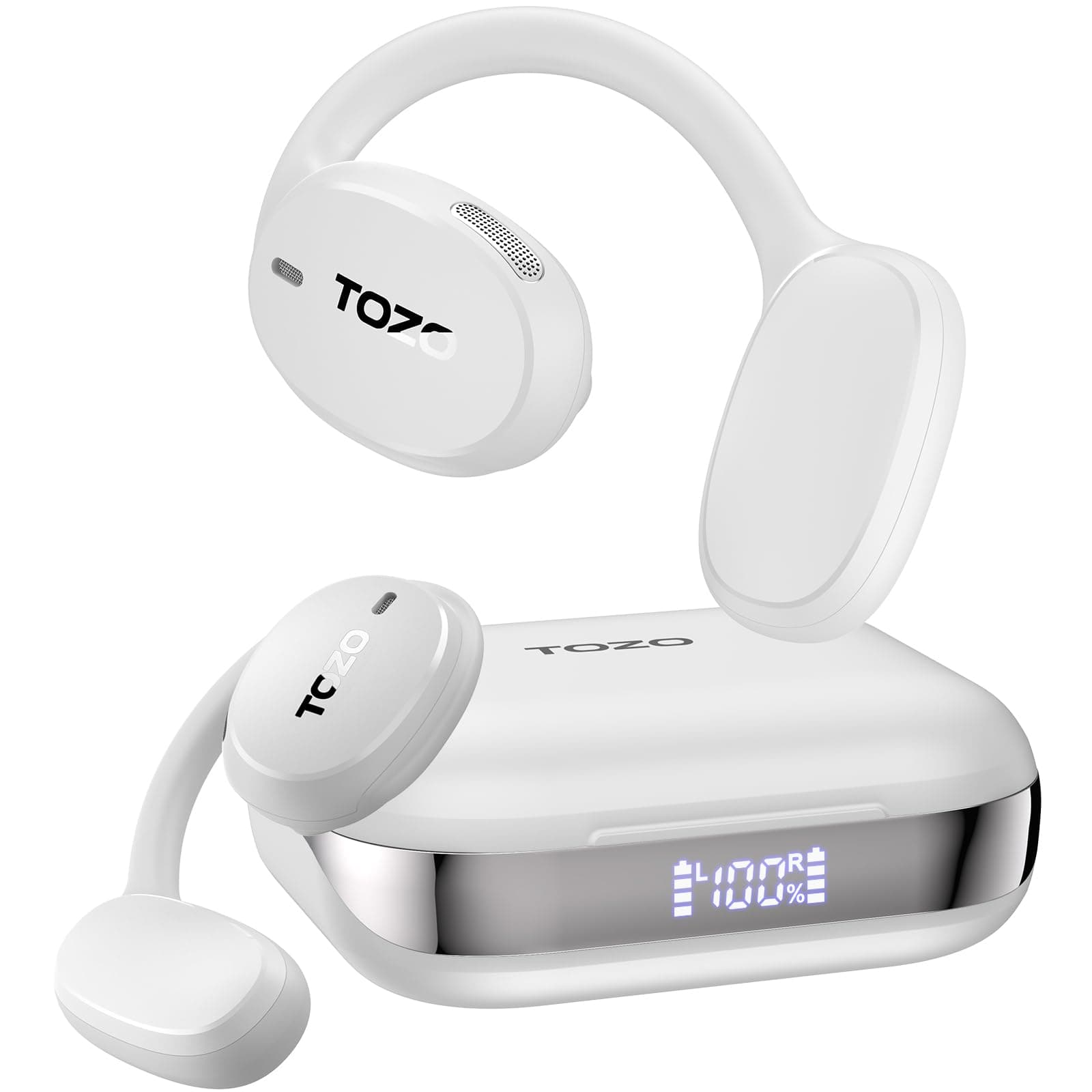 TOZO OpenEgo True Wireless Open Ear Headphone, 5.3 Bluetooth Sport Earbuds with Earhooks for 80H Playback with Digital Display, 32 EQ Modes Dual Mic Clear Call Sweat-Proof for Running Workout White